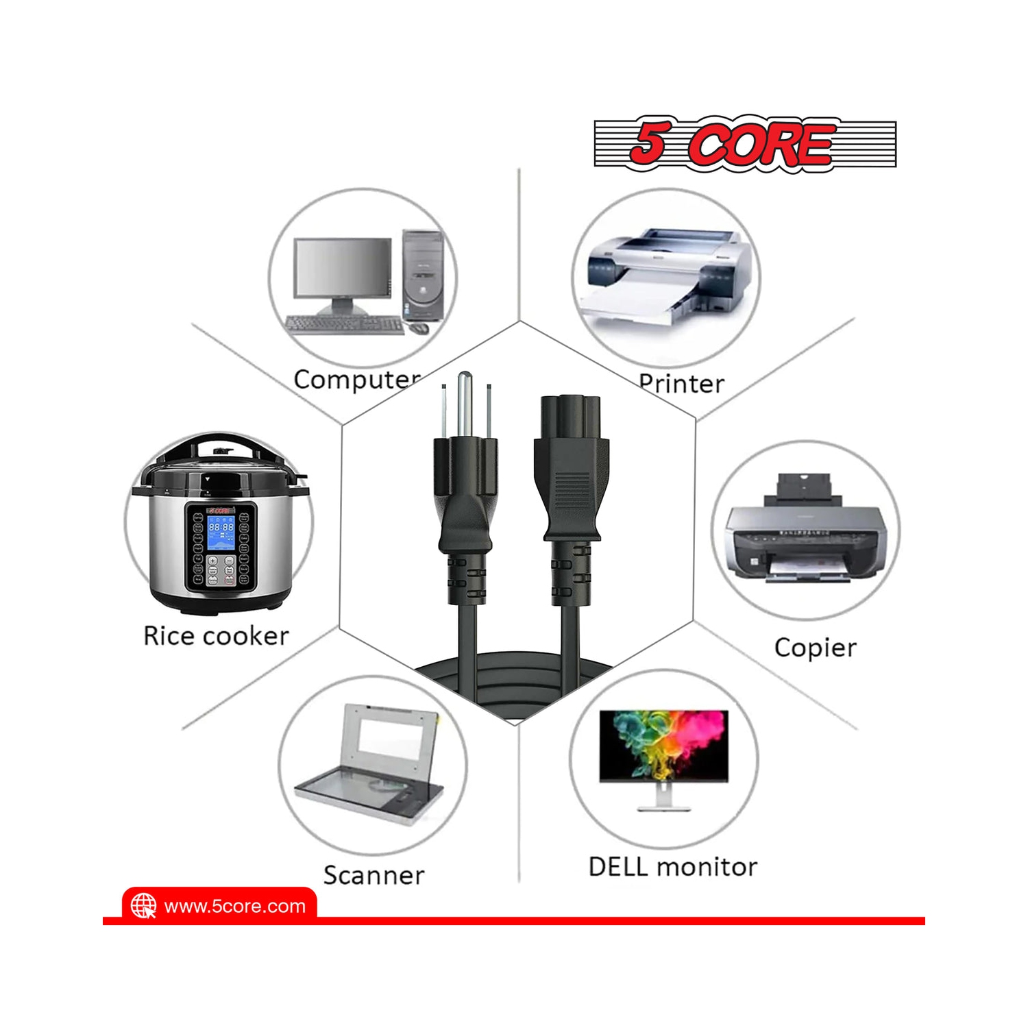 Rallonge 5 Core à 3 broches, 6 pi, durable, non polarisée, 3 broches, rallonge CA 3 broches, robuste, PL, 1001