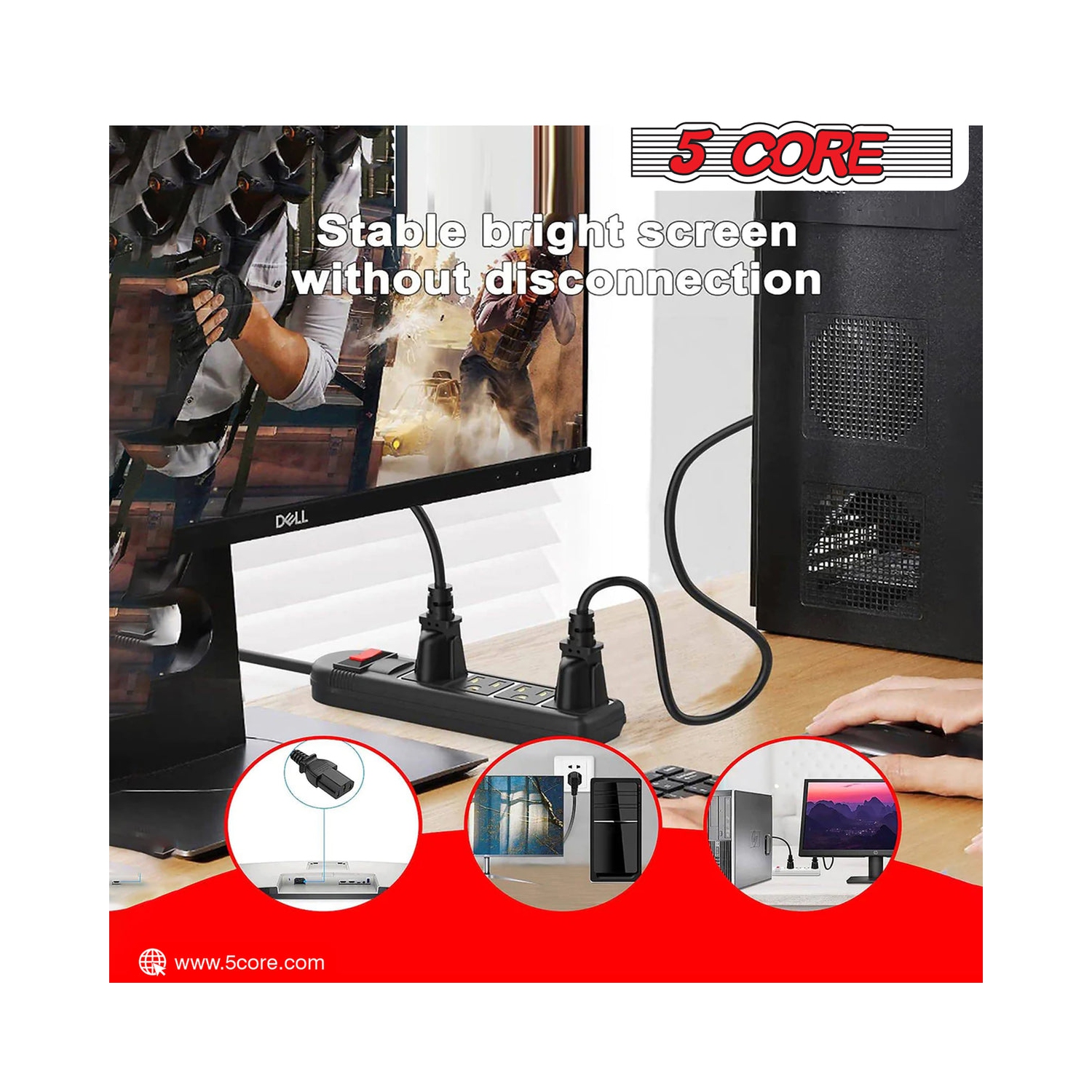 Rallonge 5 Core à 3 broches, 6 pi, durable, non polarisée, 3 broches, rallonge CA 3 broches, robuste, PL, 1001