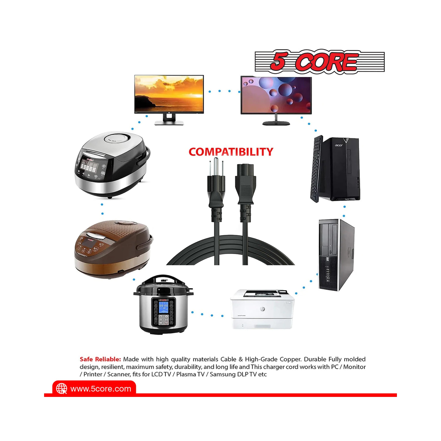 Rallonge 5 Core à 3 broches, 6 pi, durable, non polarisée, 3 broches, rallonge CA 3 broches, robuste, PL, 1001