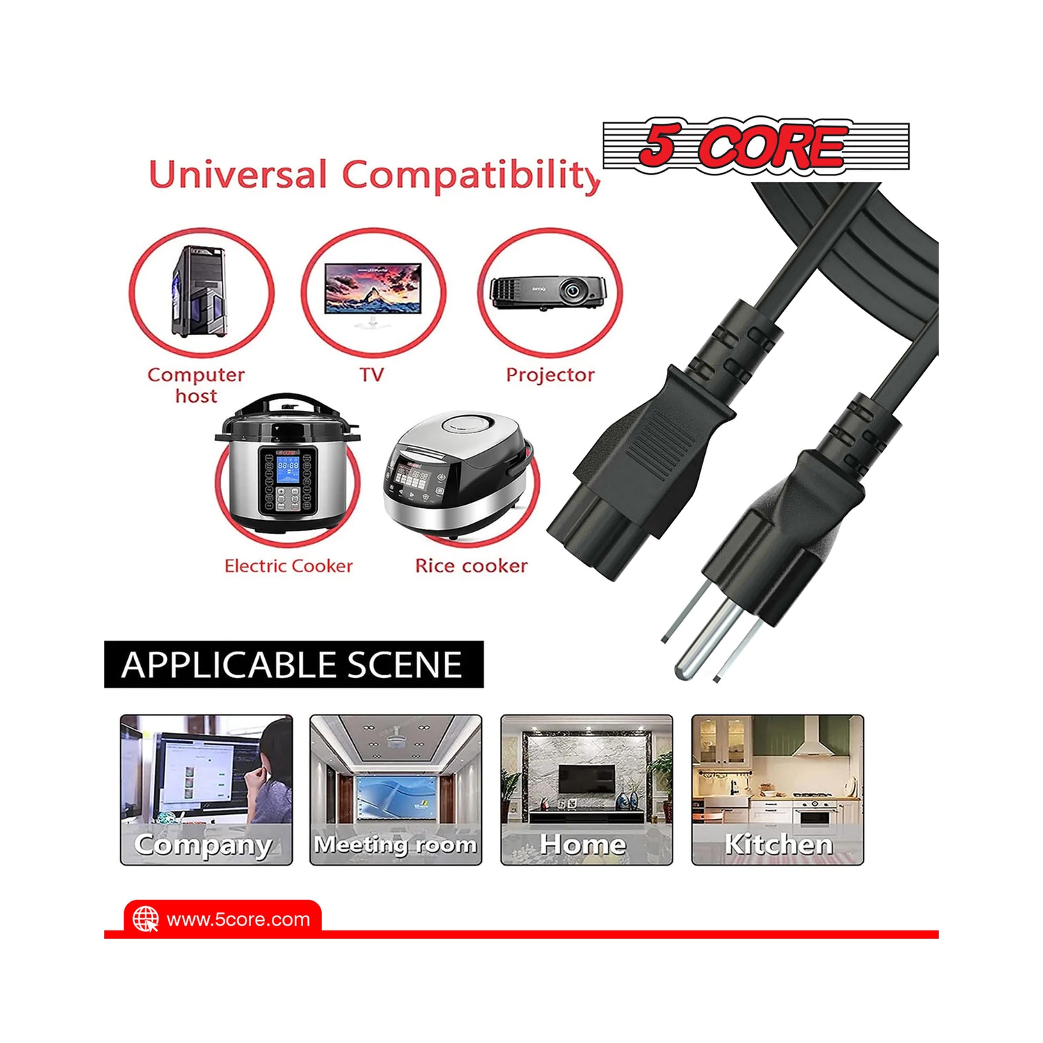 Rallonge 5 Core à 3 broches, 6 pi, durable, non polarisée, 3 broches, rallonge CA 3 broches, robuste, PL, 1001