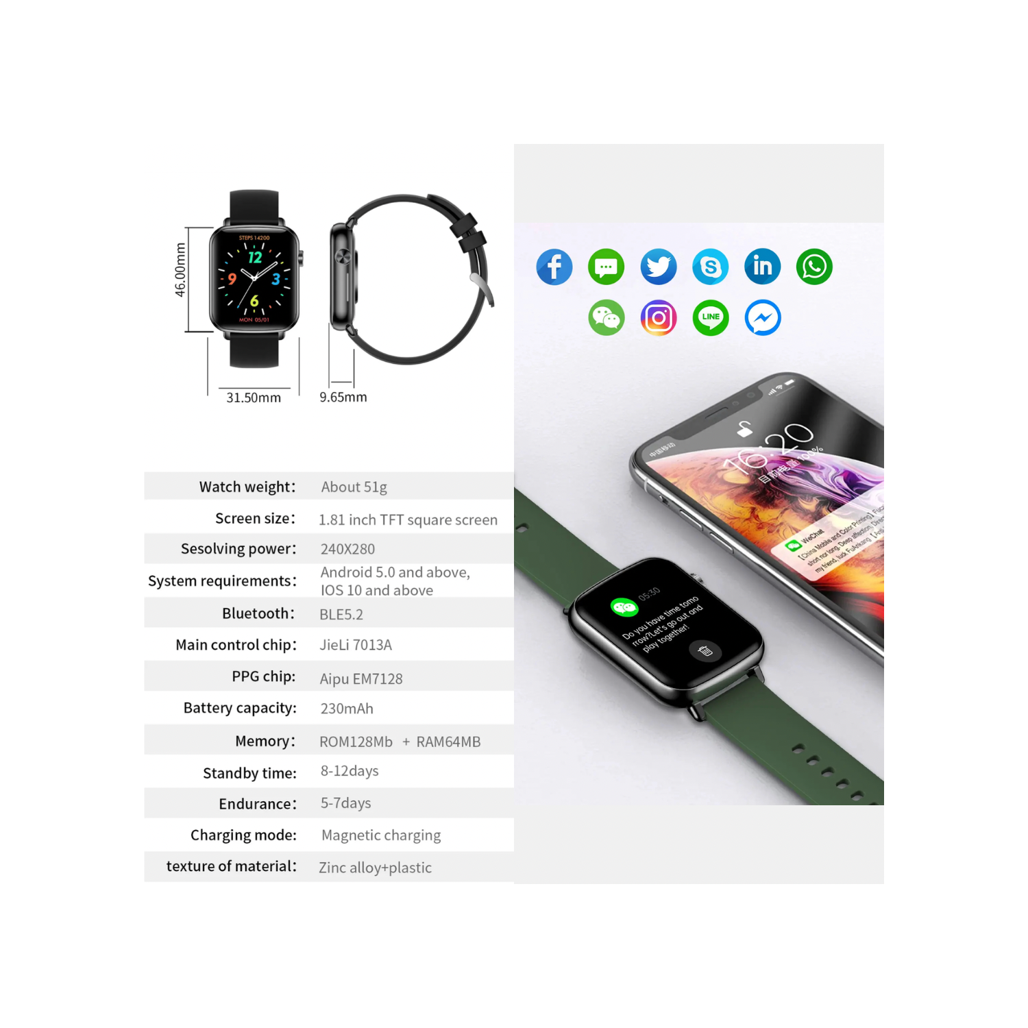 TUTT H90 Men and Women Fashion Smart Watch Reloj BT Call Fashion Design with 1.81 inch HD Screen Heart Rate Monitor Fitness and Activity Tracking.