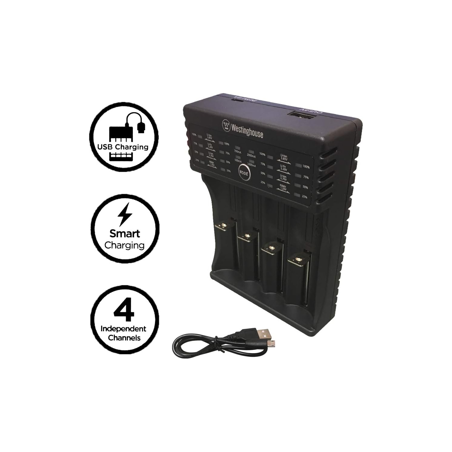 Westinghouse – Chargeur intelligent 4 baies, NiMH, lithium-ion, LifeP04 V