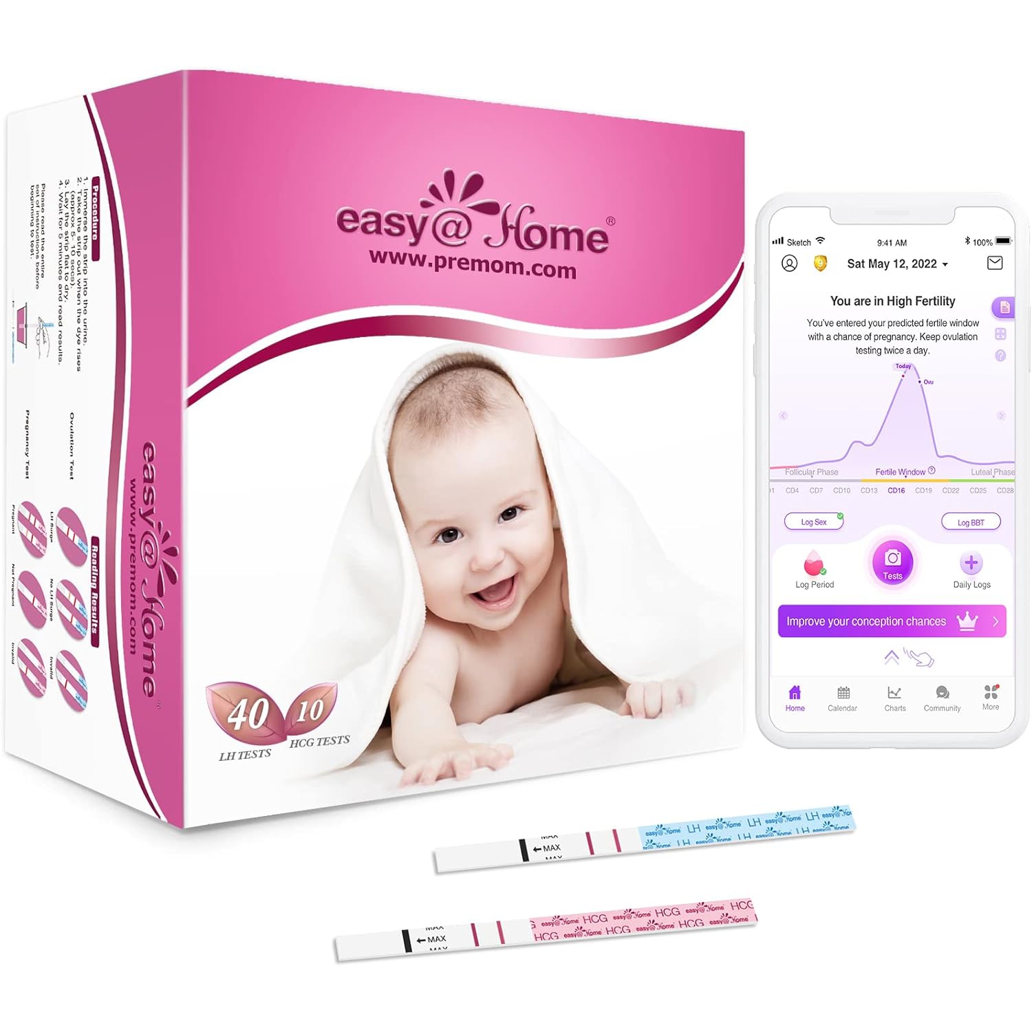 Easy@Home Accurate 40 Ovulation Tests Strips & 10 Early Pregnancy Tests Strips Kit: Easy to Use Clear Result Tests Fertility Test | 40 LH + 10 HCG