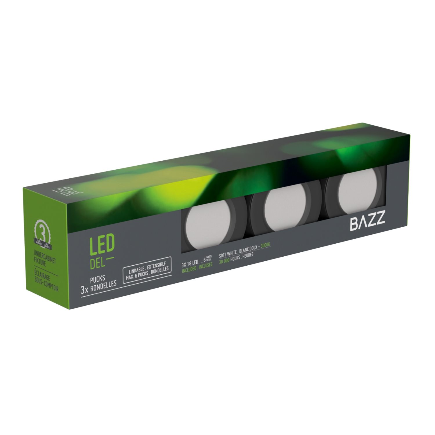 BAZZ 3 Pack LED Under Cabinet Puck Lights, 360 Lumens, 6W, 3000K Soft White, Black Finish, U00063BK