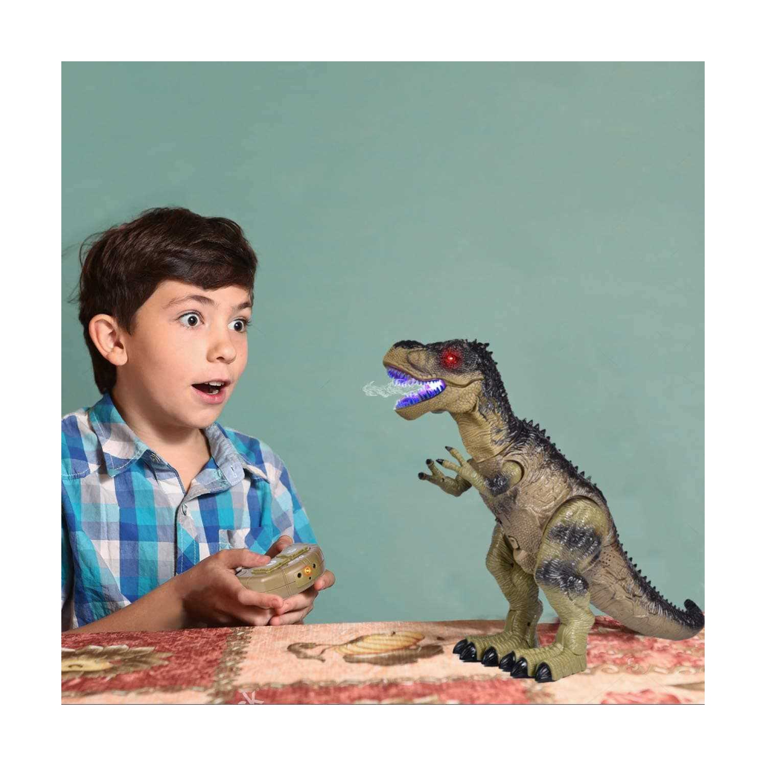 Jouet dinosaure téléguidé F-248 de Little Toys pour garçons, grand tyrannosaure téléguidé réaliste de 18,5 po Rex Walking & Spray Mist avec yeux