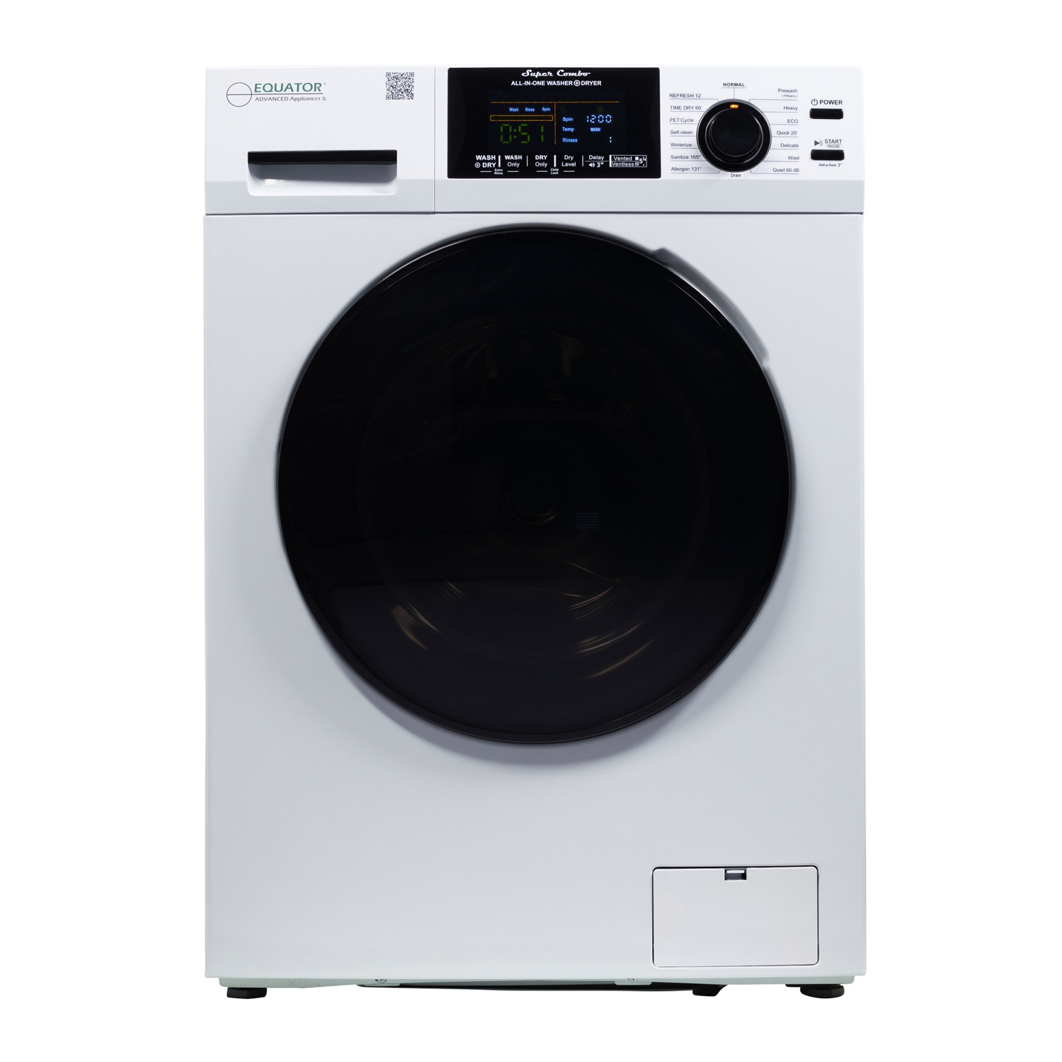 Equator All-in-One Washer Dryer VENTLESS/VENTED PET cycle 1.62cf/15lbs 110V in White