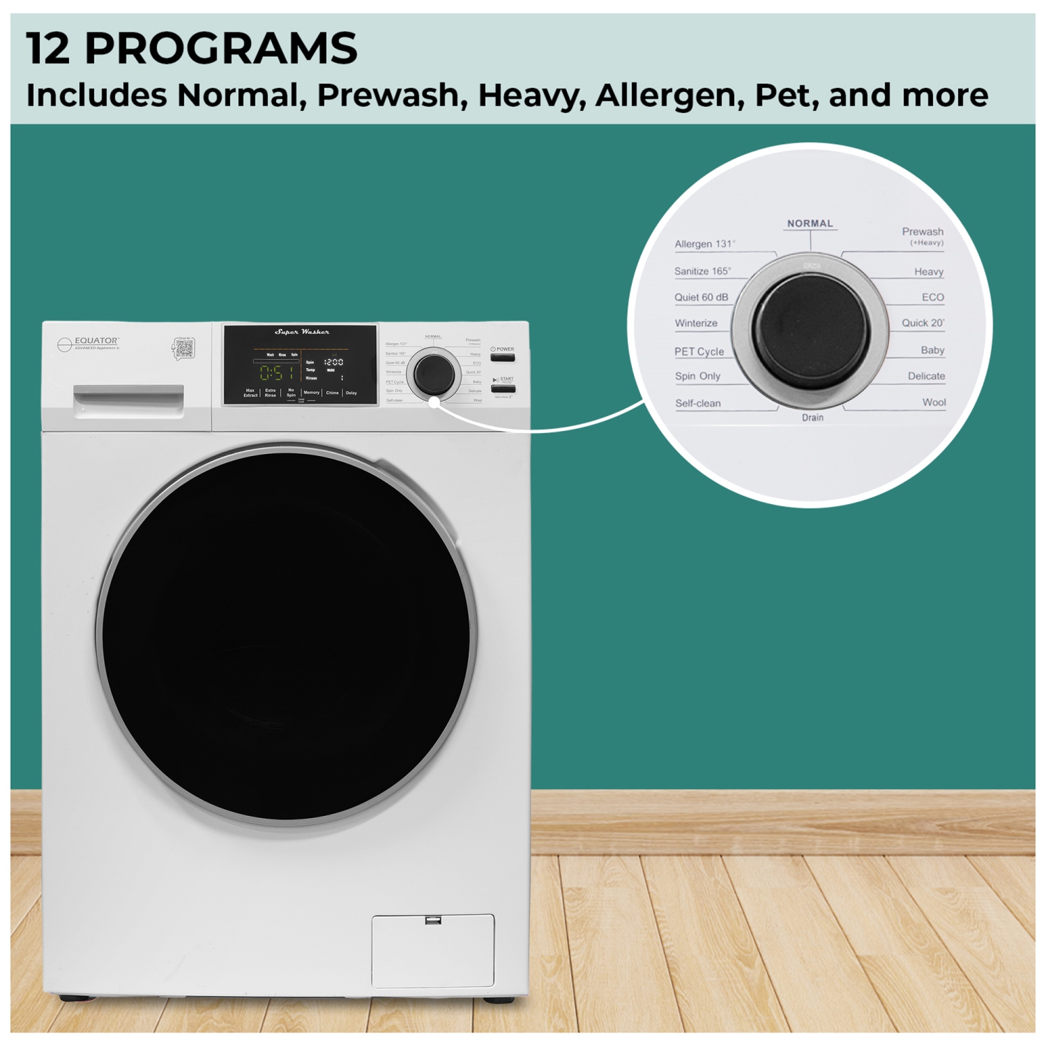 Equator Compact Washer 1.6cf/15lbs Sani Allergen PET CYCLE 15 Programs 110V