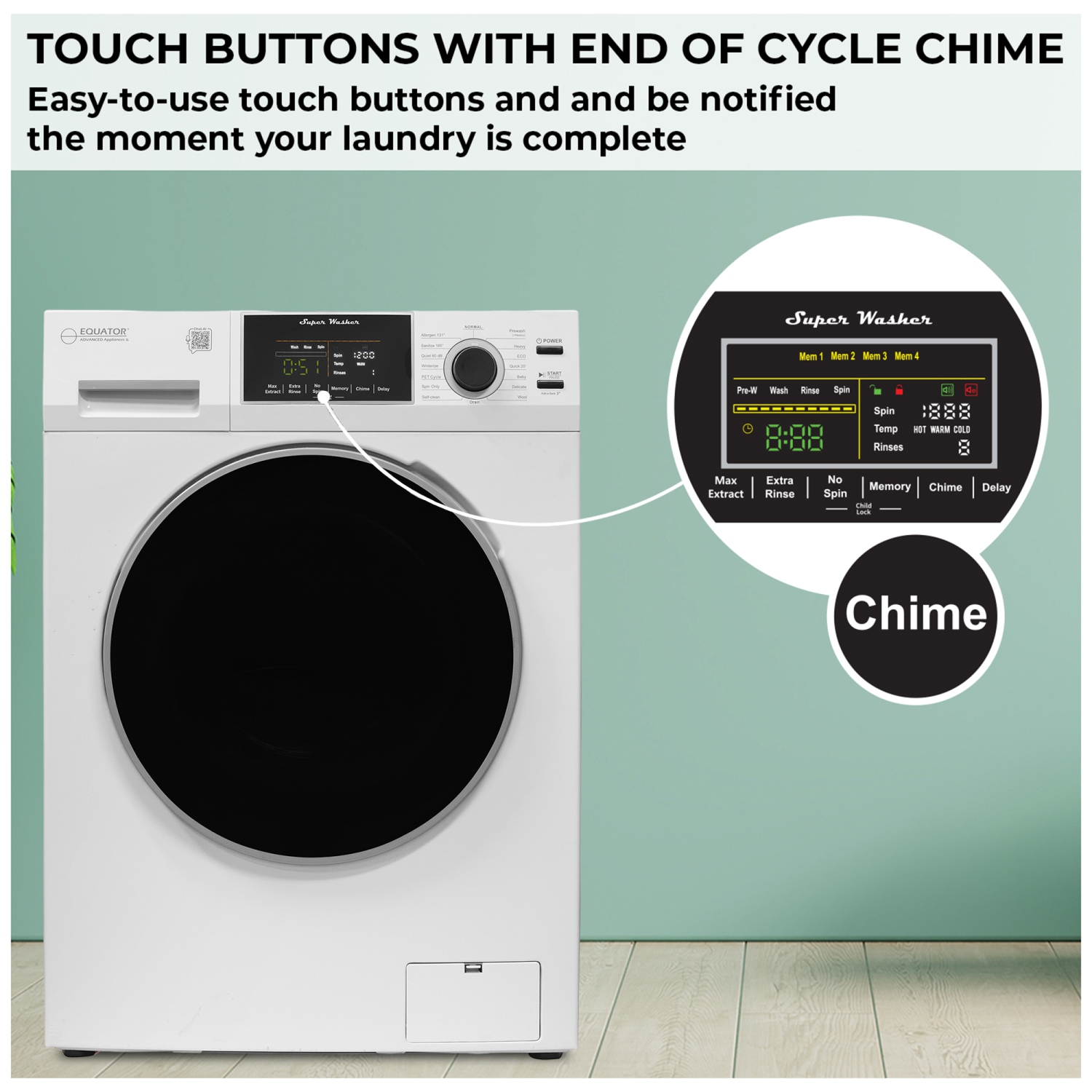 Equator Compact Washer 1.6cf/15lbs Sani Allergen PET CYCLE 15 Programs 110V