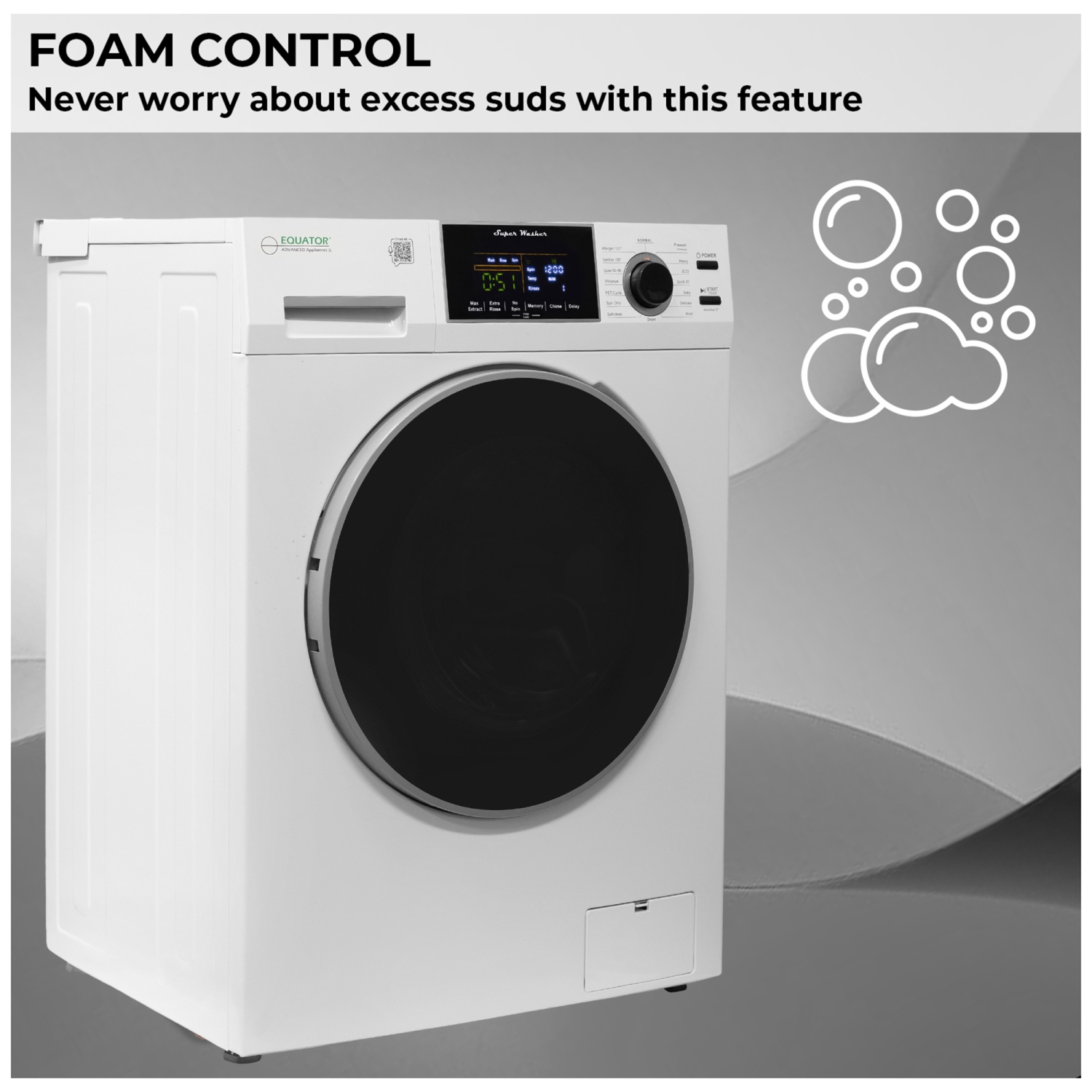 Equator Compact Washer 1.6cf/15lbs Sani Allergen PET CYCLE 15 Programs 110V