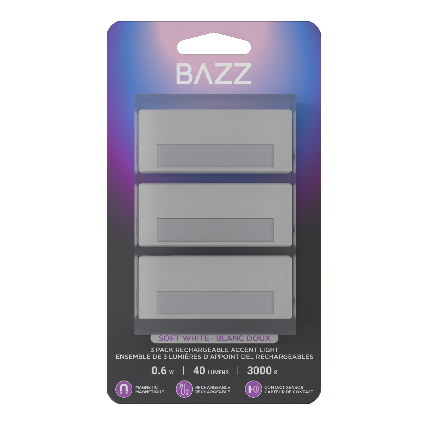 BAZZ 3 Pack Magnetic Contact Sensor Rechargeable Accent Light 3000K Soft White 0.6W 40Lumens, U22111X3W