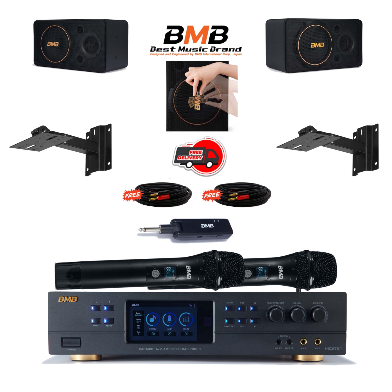 NEW BMB DAR-200HD 4K HDMI ARC Optical Bluetooth Karaoke Amplifier, WH-210 UHF Wireless Microphones, CSJ-08 08" Karaoke Speakers, and Wall Mounts