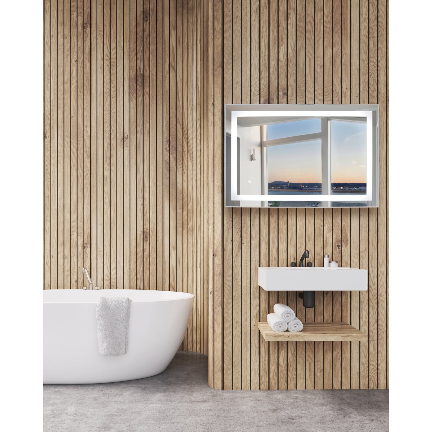 WarmlyOurs, miroir DEL Audrey, fixation murale, barres givrées doubles, commandes tactiles 36 X 24 PO