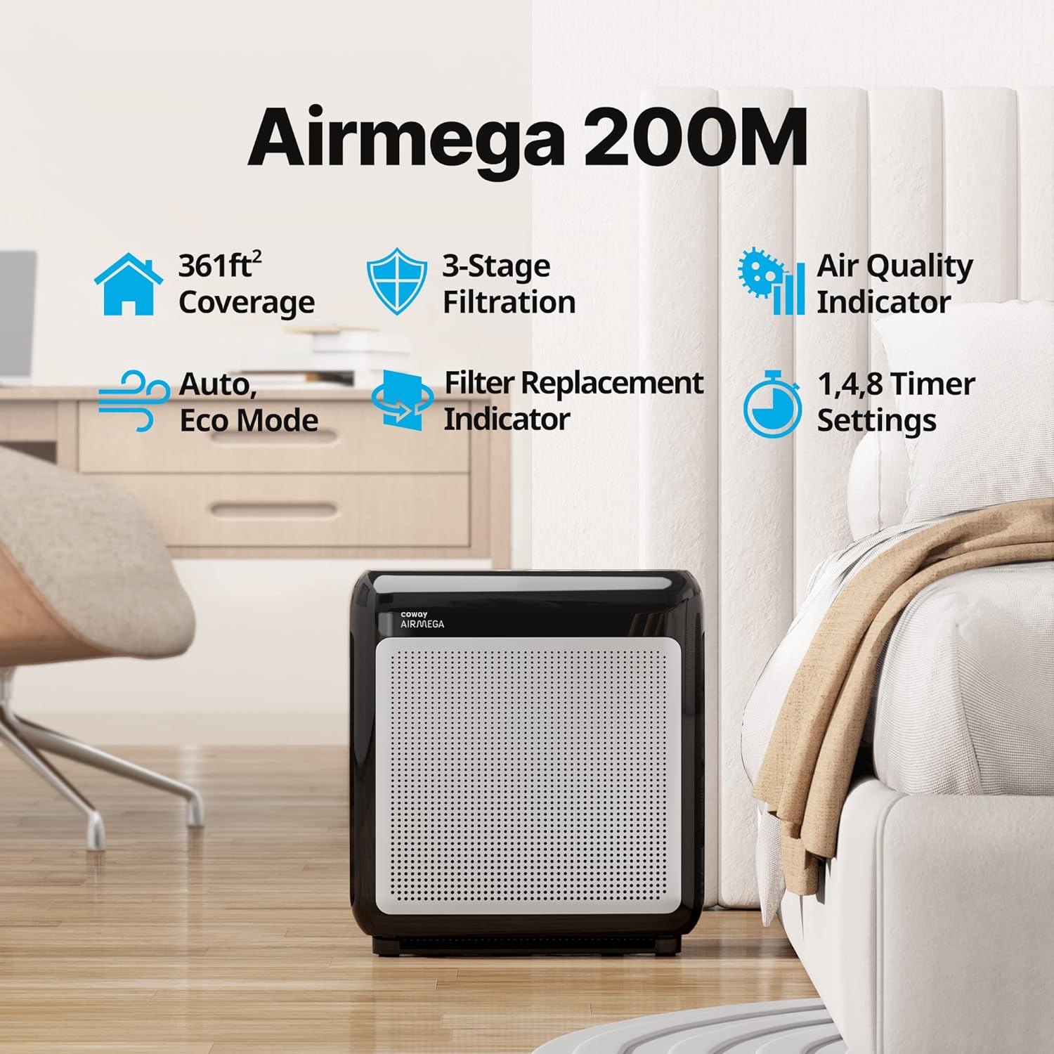 Purificateur d'air True HEPA et au charbon actif AirMega 200&nbsp;M de Coway, AP-1518R - Noir
