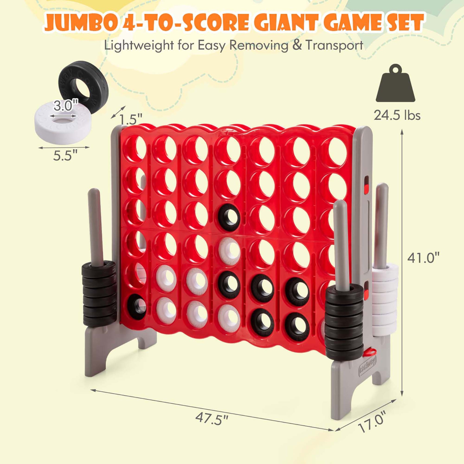 Gymax Jumbo 4-to-Score Game Set Giant 4 in A Row Kids Adults w/ 42 Jumbo Rings Red