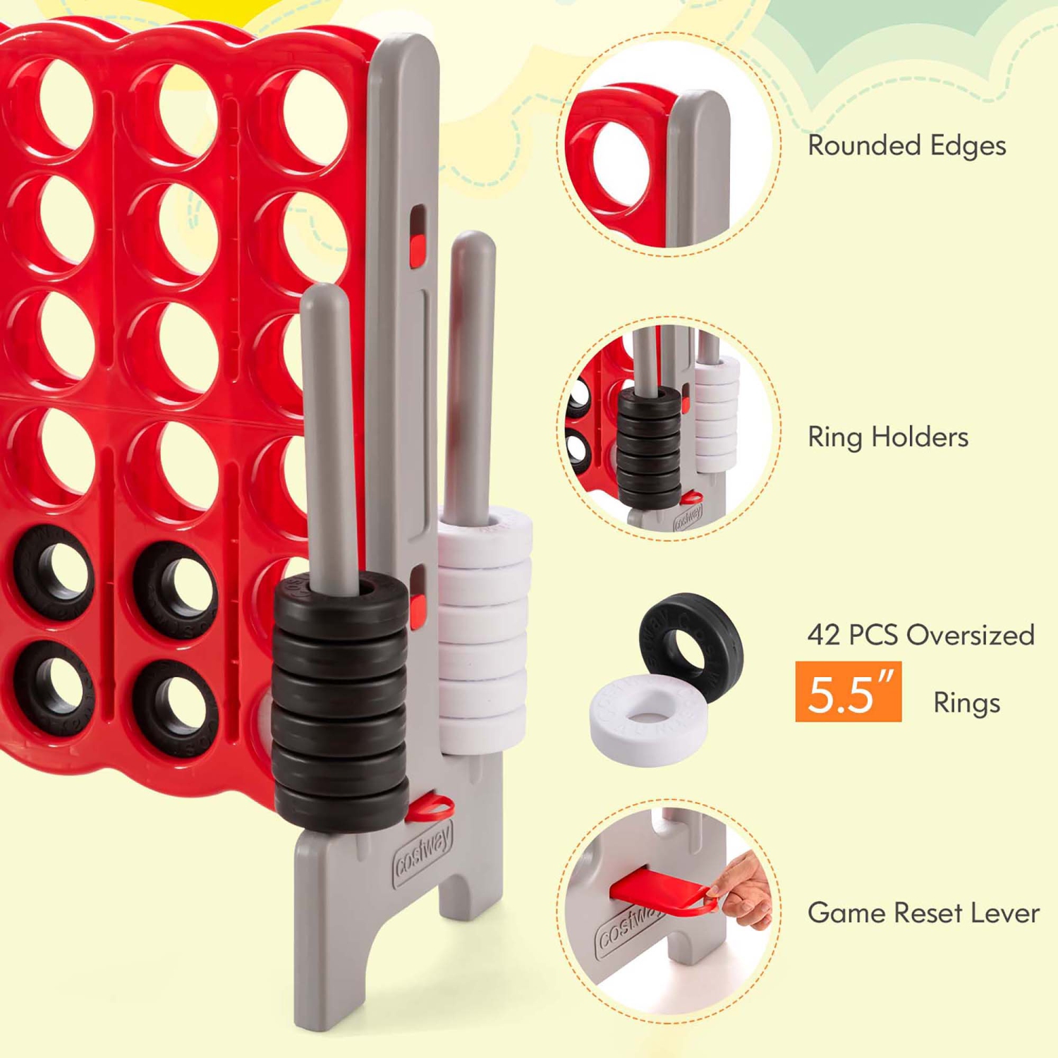 Gymax Jumbo 4-to-Score Game Set Giant 4 in A Row Kids Adults w/ 42 Jumbo Rings Red