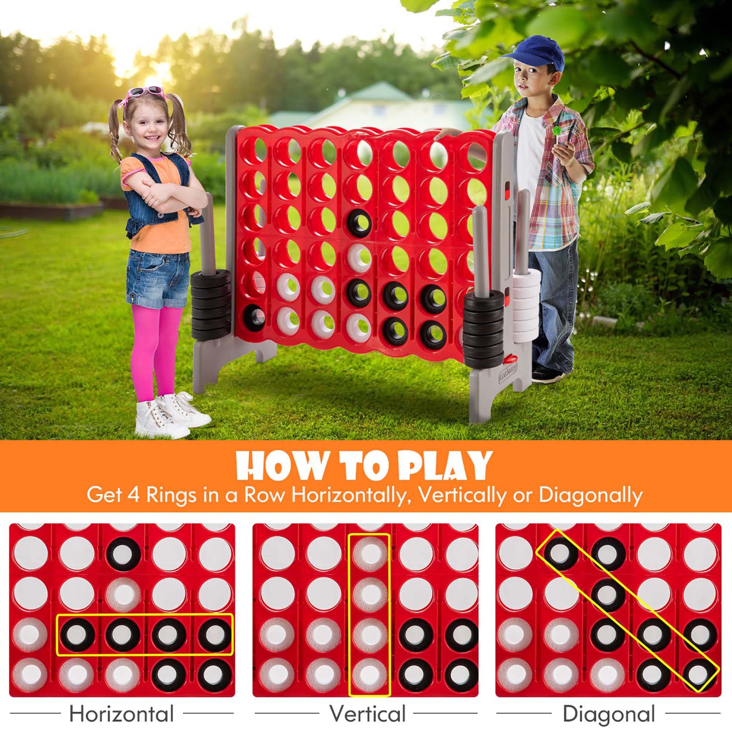 Gymax Jumbo 4-to-Score Game Set Giant 4 in A Row Kids Adults w/ 42 Jumbo Rings Red