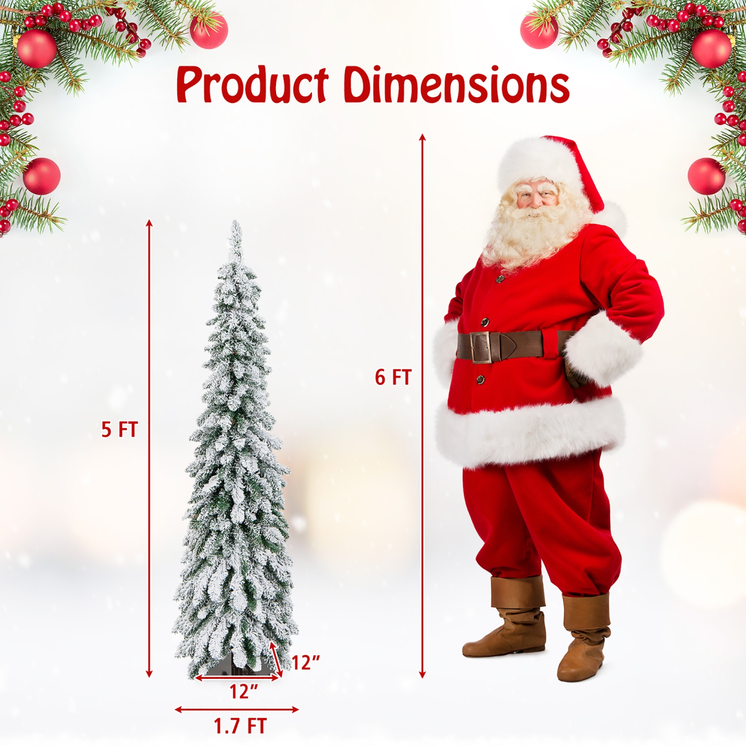 Gymax 4/5/6 FT Pre-Lit Artificial Christmas Tree Snow-Flocked Slim Pencil Christmas Tree
