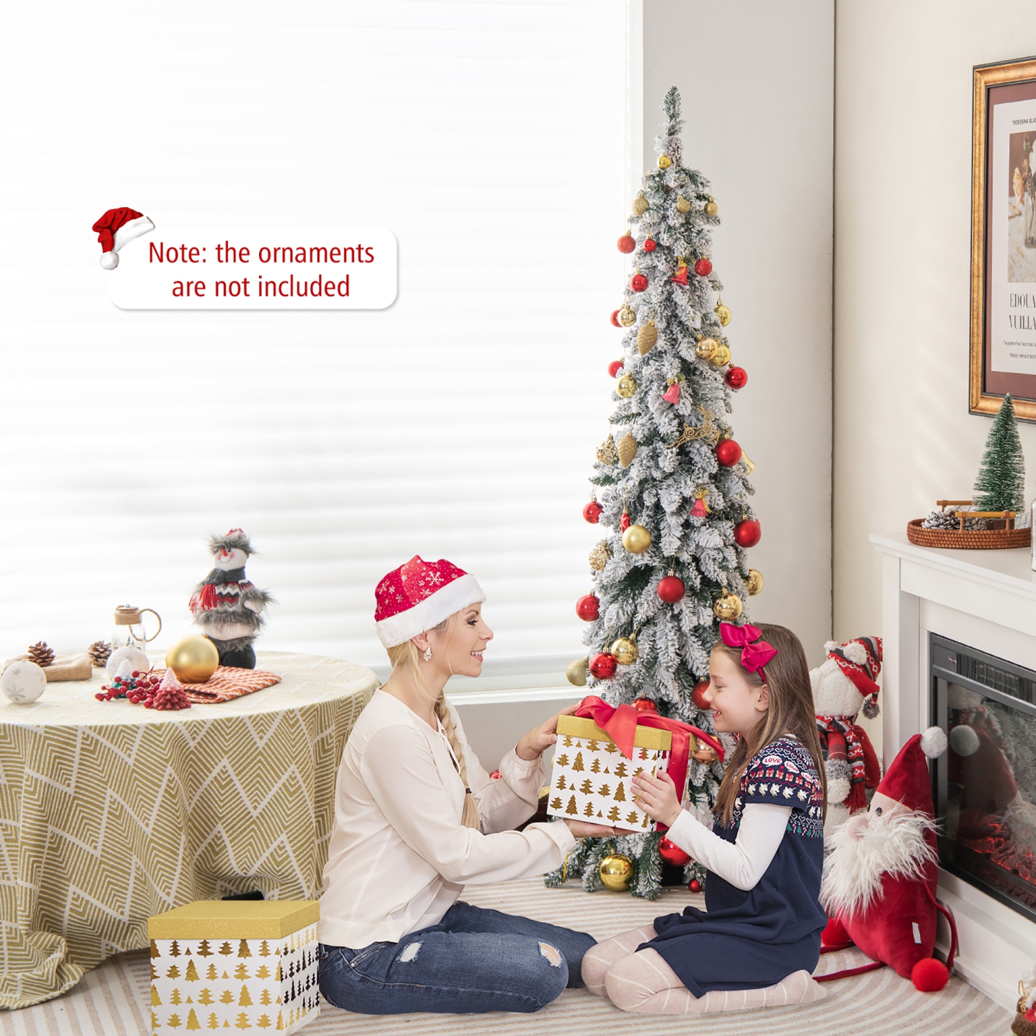 Gymax 4/5/6 FT Pre-Lit Artificial Christmas Tree Snow-Flocked Slim Pencil Christmas Tree