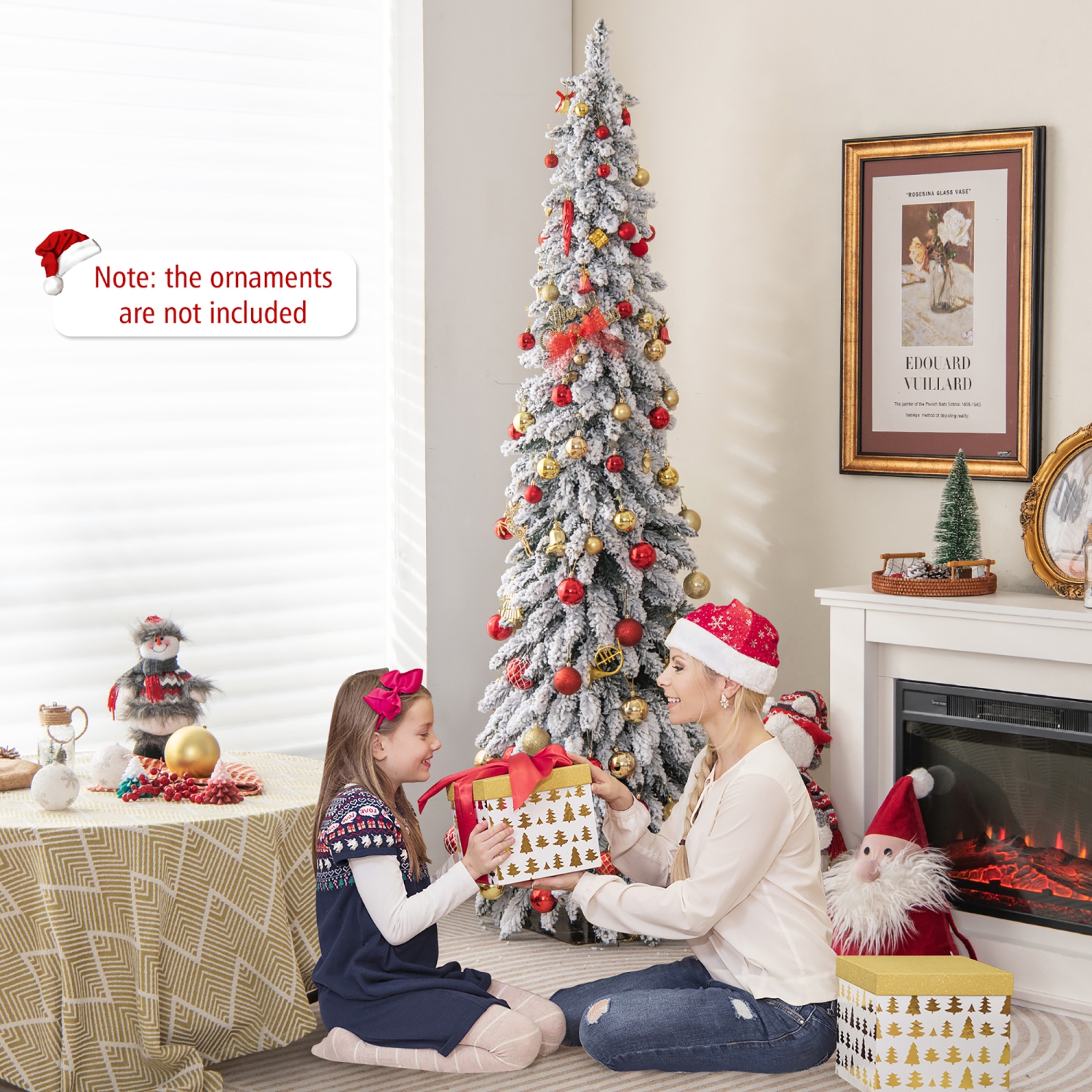 Gymax 4/5/6 FT Pre-Lit Artificial Christmas Tree Snow-Flocked Slim Pencil Christmas Tree