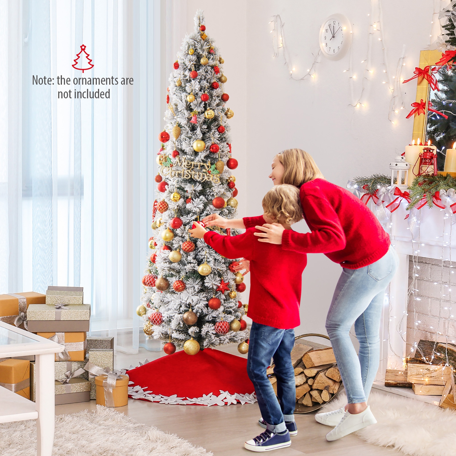 Gymax 4.5/6/7 FT Pre-Lit Artificial Christmas Tree Slim Pencil Xmas Tree w/ 258/373/466 Snow-Flocked Branch Tips