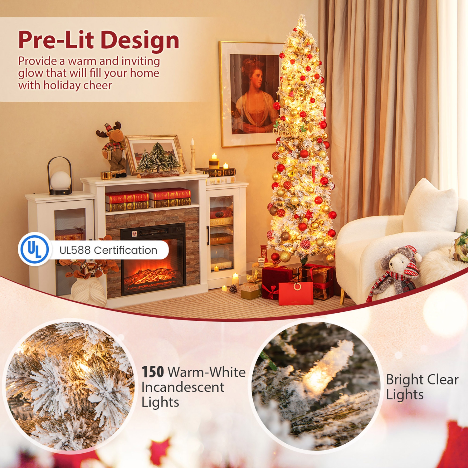 Gymax 4.5/6/7 FT Pre-Lit Artificial Christmas Tree Slim Pencil Xmas Tree w/ 258/373/466 Snow-Flocked Branch Tips