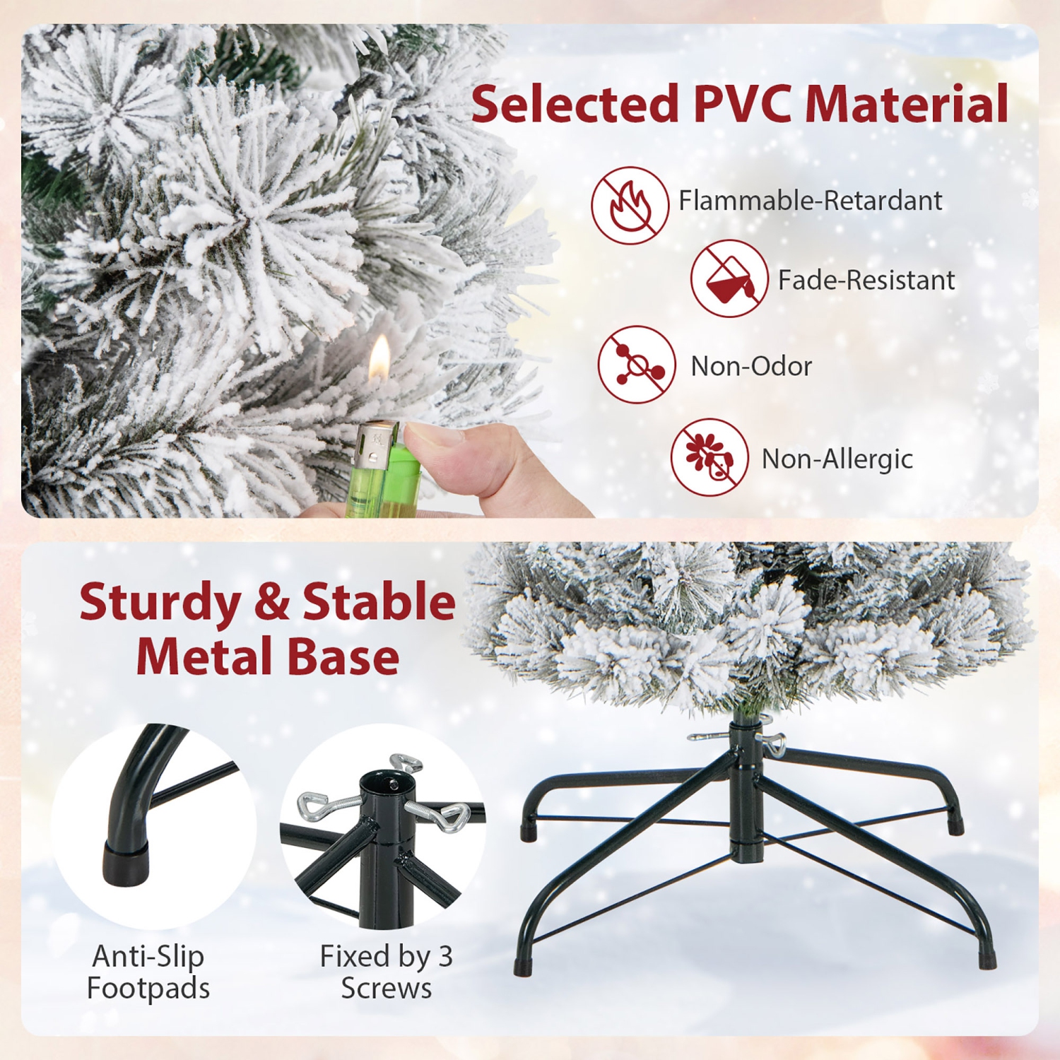 Gymax 4.5/6/7 FT Pre-Lit Artificial Christmas Tree Slim Pencil Xmas Tree w/ 258/373/466 Snow-Flocked Branch Tips