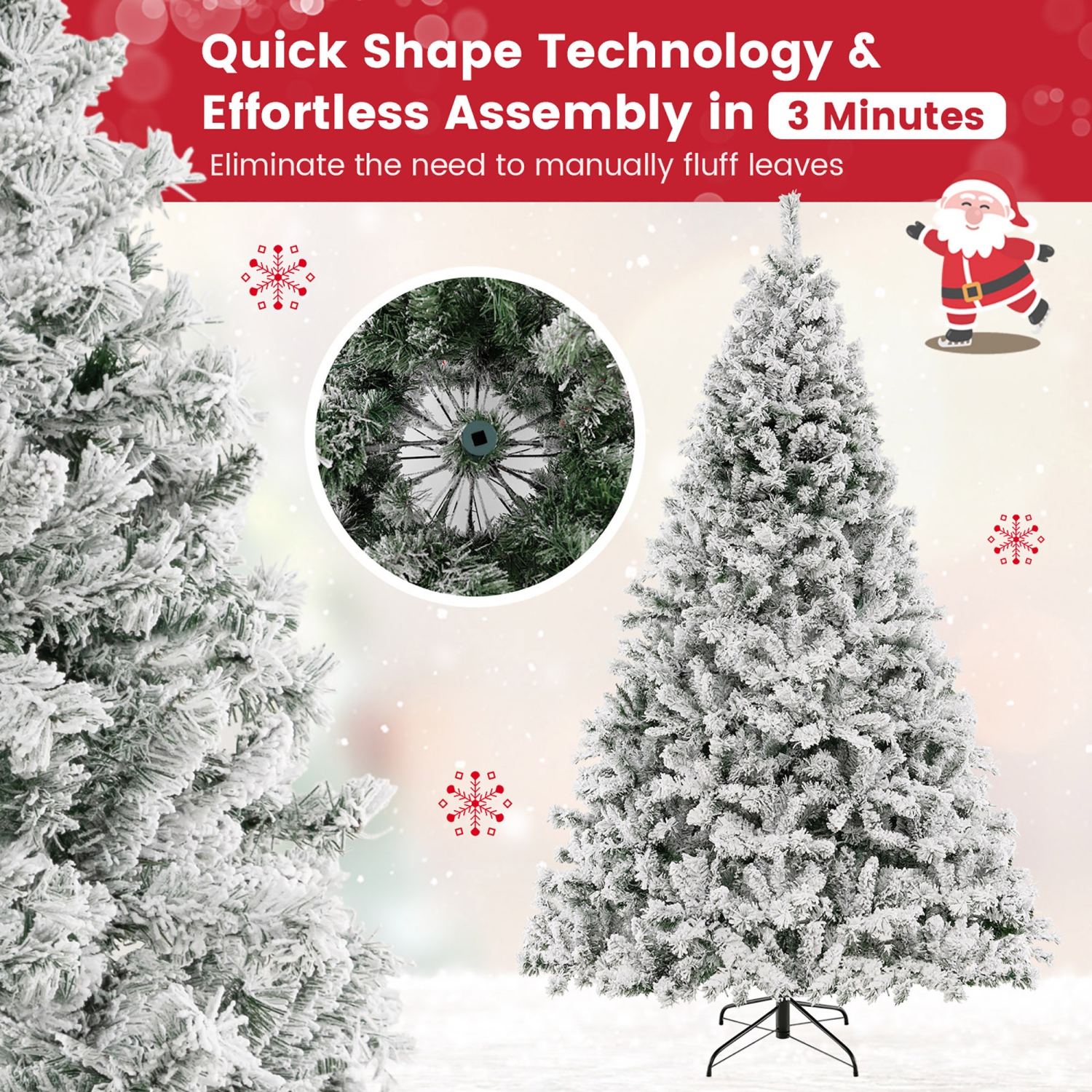 Gymax 6/7/8 FT Pre-Lit Snow-Flocked Xmas Tree 3-Minute-Setup Artificial Hinged Christmas Tree