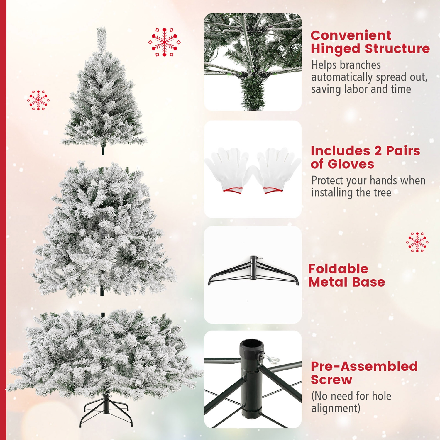 Gymax 6/7/8 FT Pre-Lit Snow-Flocked Xmas Tree 3-Minute-Setup Artificial Hinged Christmas Tree