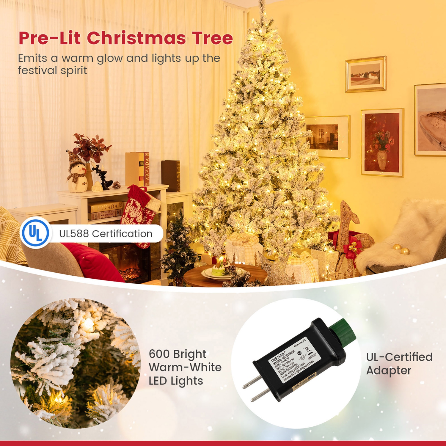 Gymax 6/7/8 FT Pre-Lit Snow-Flocked Xmas Tree 3-Minute-Setup Artificial Hinged Christmas Tree