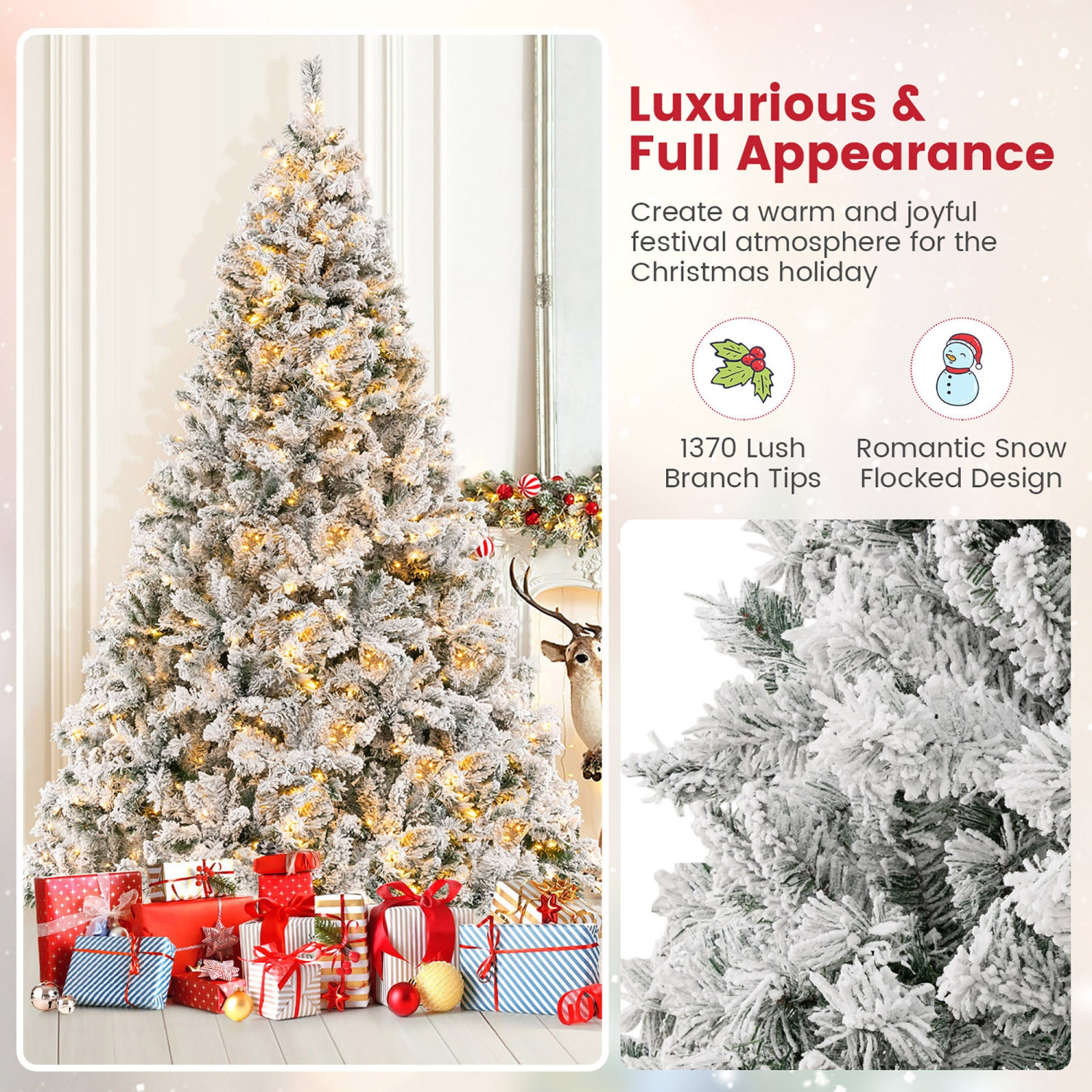 Gymax 6/7/8 FT Pre-Lit Snow-Flocked Xmas Tree 3-Minute-Setup Artificial Hinged Christmas Tree