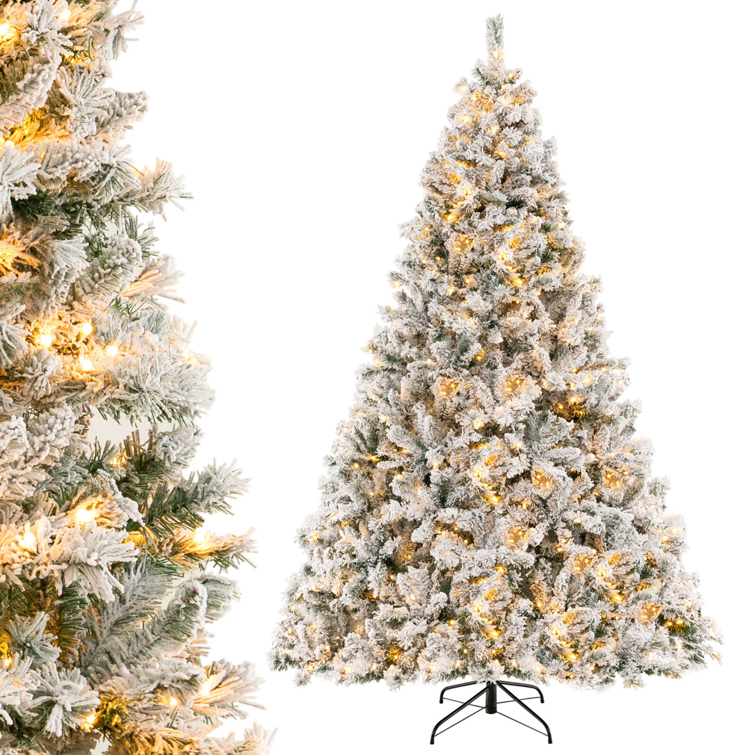 Gymax 6/7/8 FT Pre-Lit Snow-Flocked Xmas Tree 3-Minute-Setup Artificial Hinged Christmas Tree