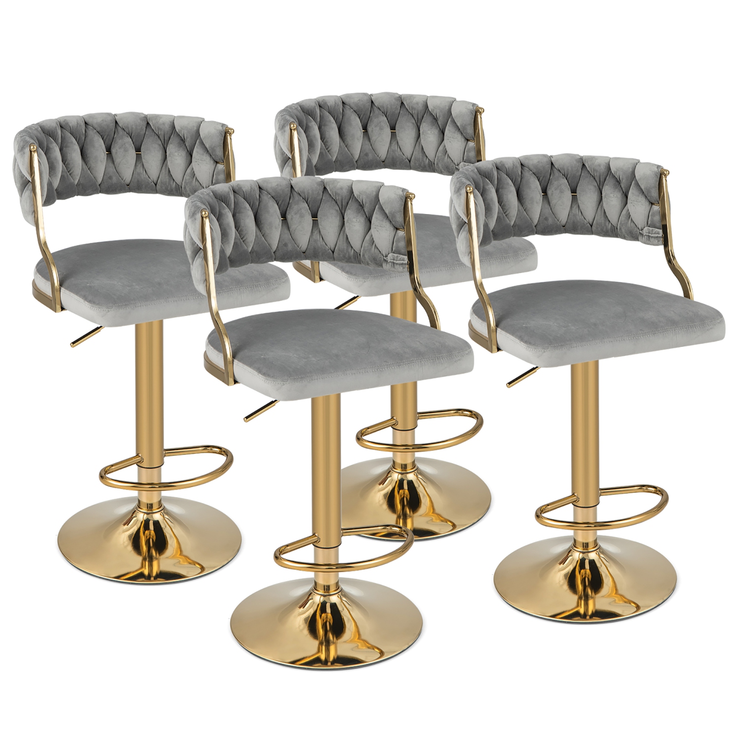 Gymax Swivel Barstool with Woven Back Set of 4 Upholstered Velvet Adjustable Bar Stools