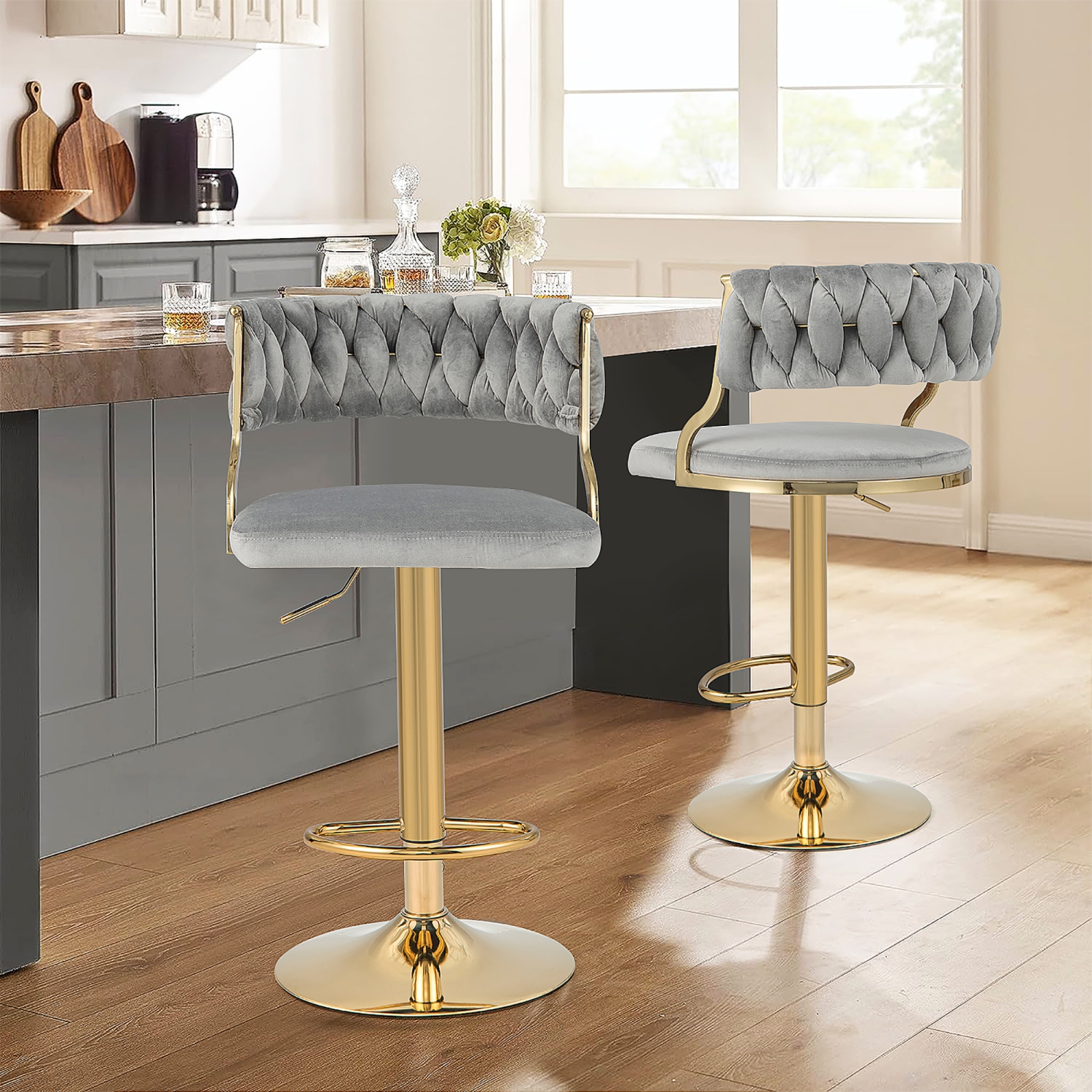 Gymax Swivel Barstool with Woven Back Set of 4 Upholstered Velvet Adjustable Bar Stools