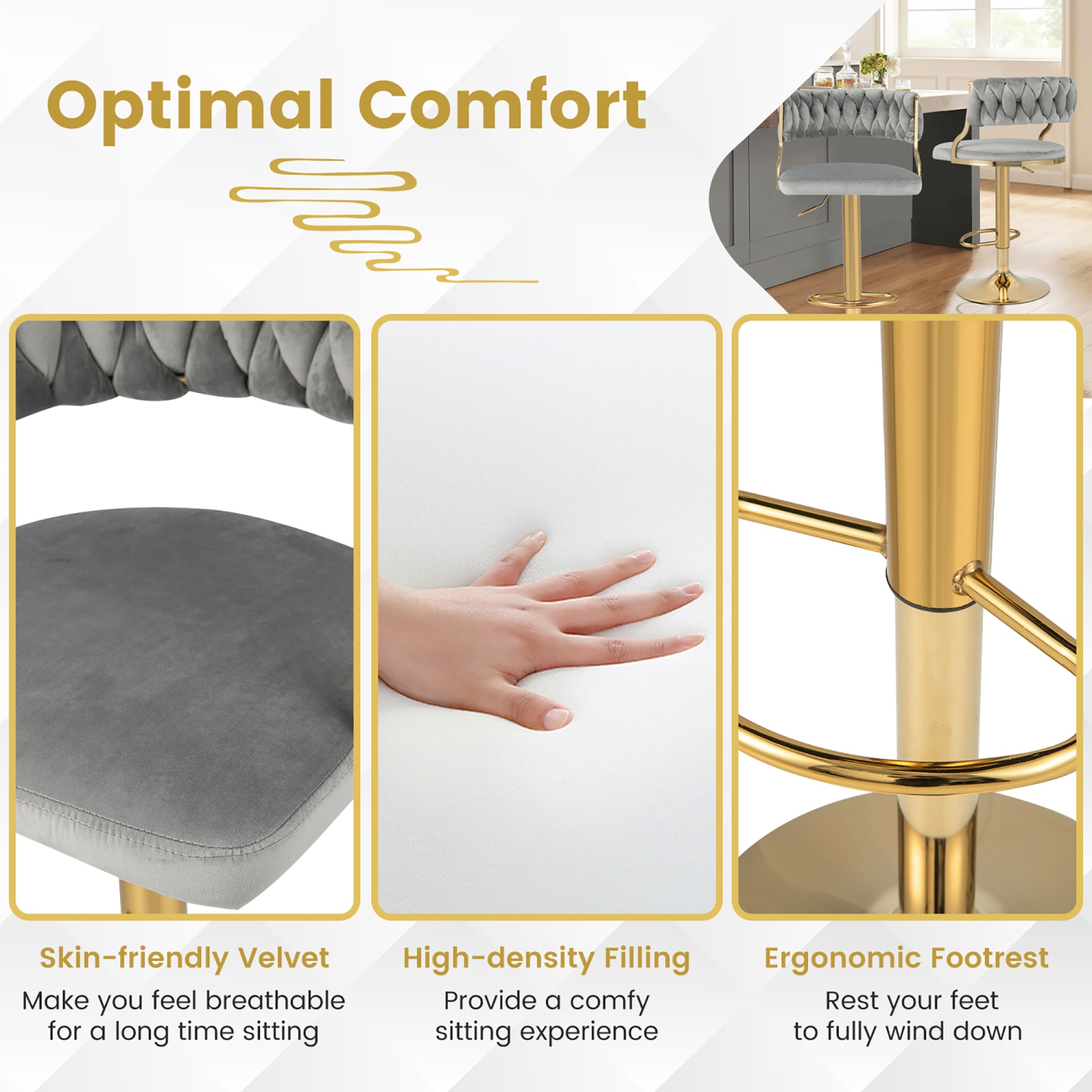 Gymax Swivel Barstool with Woven Back Set of 4 Upholstered Velvet Adjustable Bar Stools