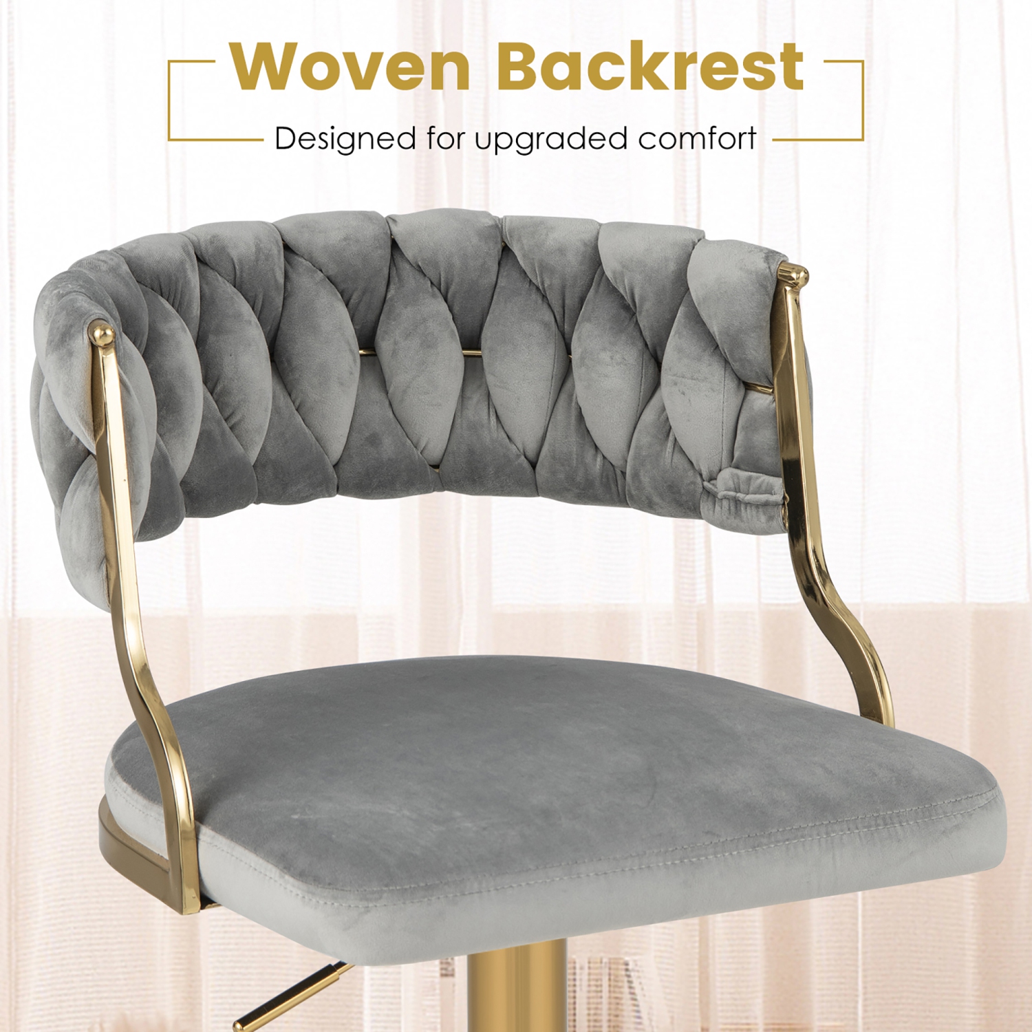 Gymax Swivel Barstool with Woven Back Set of 4 Upholstered Velvet Adjustable Bar Stools