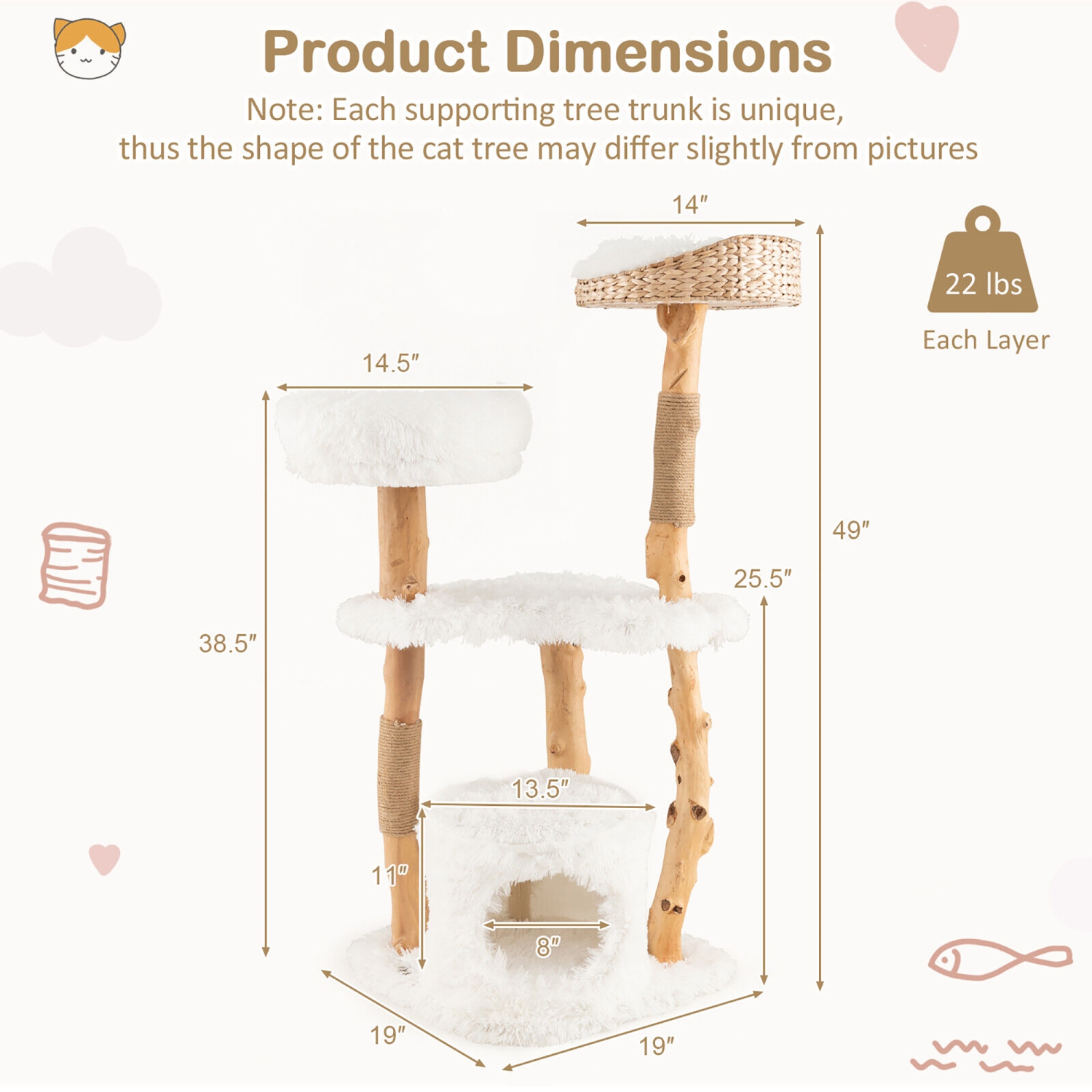 Gymax 49'' Tall Wooden Cat Tree Solid Wood Cat Tower with Jute Scratching Posts