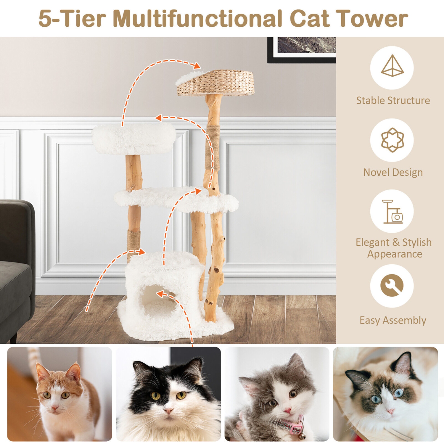 Gymax 49'' Tall Wooden Cat Tree Solid Wood Cat Tower with Jute Scratching Posts