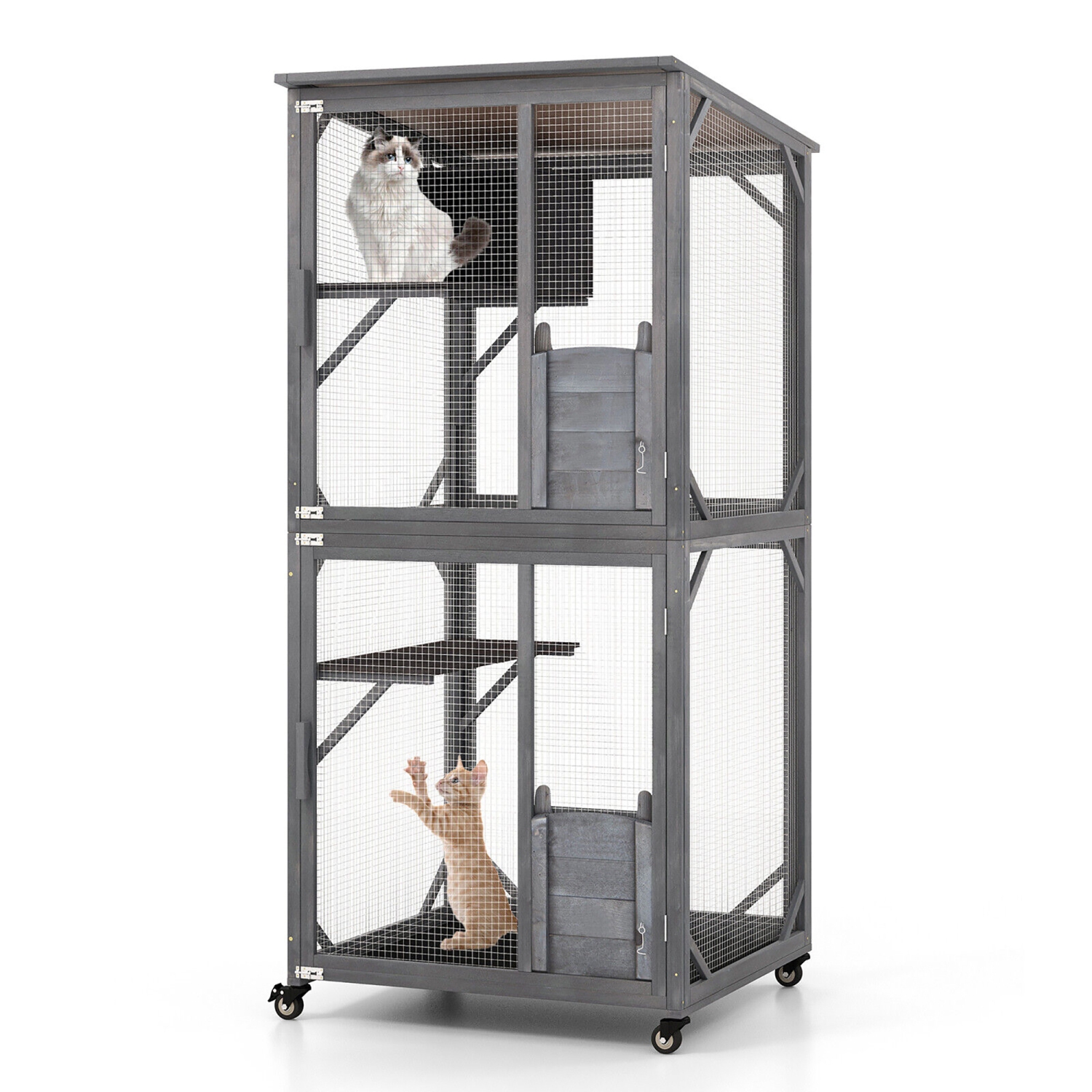Gymax Wooden Cat House 72'' Indoor Outdoor Kitten Enclosure Kennel Condo on Wheels Grey