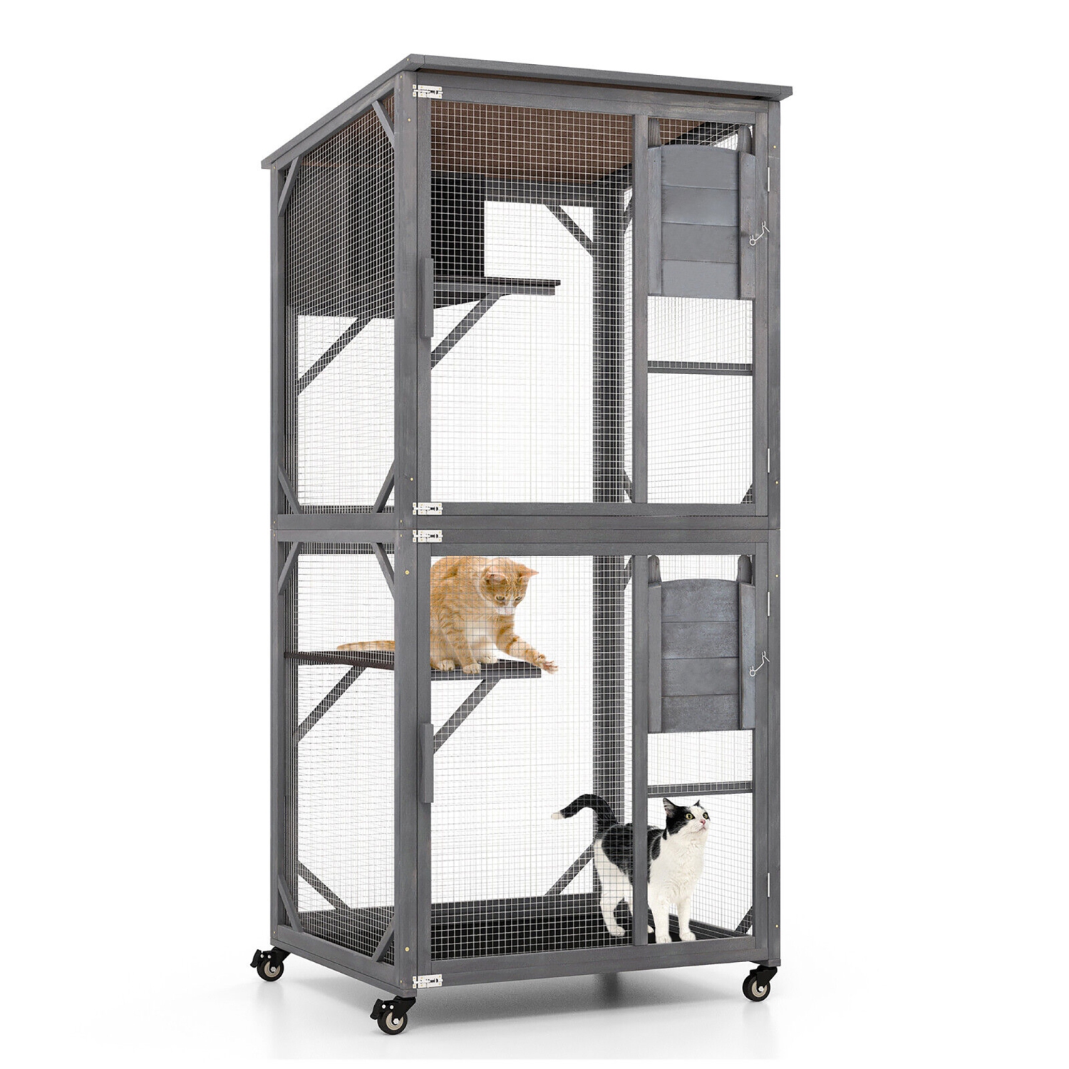Gymax Wooden Cat House 72'' Indoor Outdoor Kitten Enclosure Kennel Condo on Wheels Grey