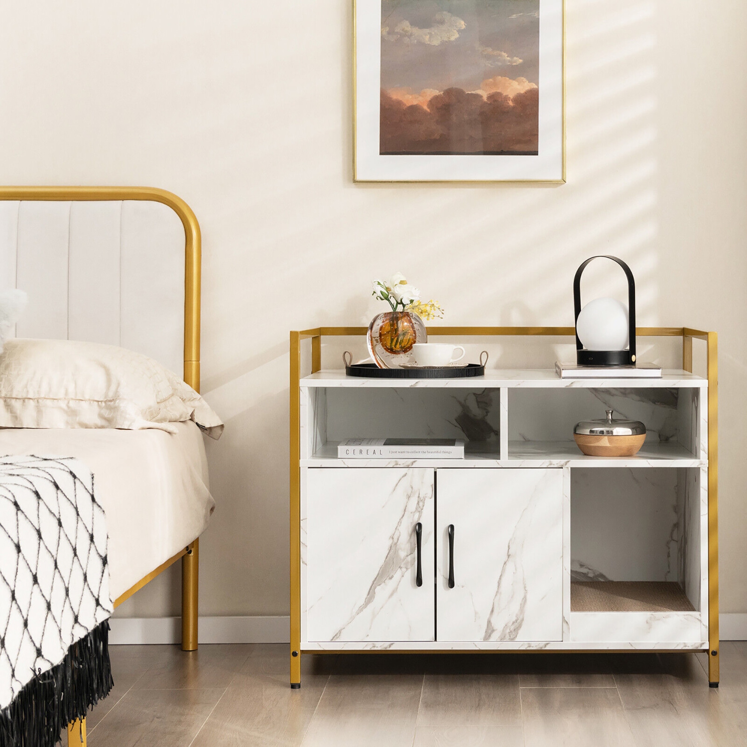 Gymax Large Litter Box Enclosure Cat Wooden Storage Cabinet with 2 Doors Marble White