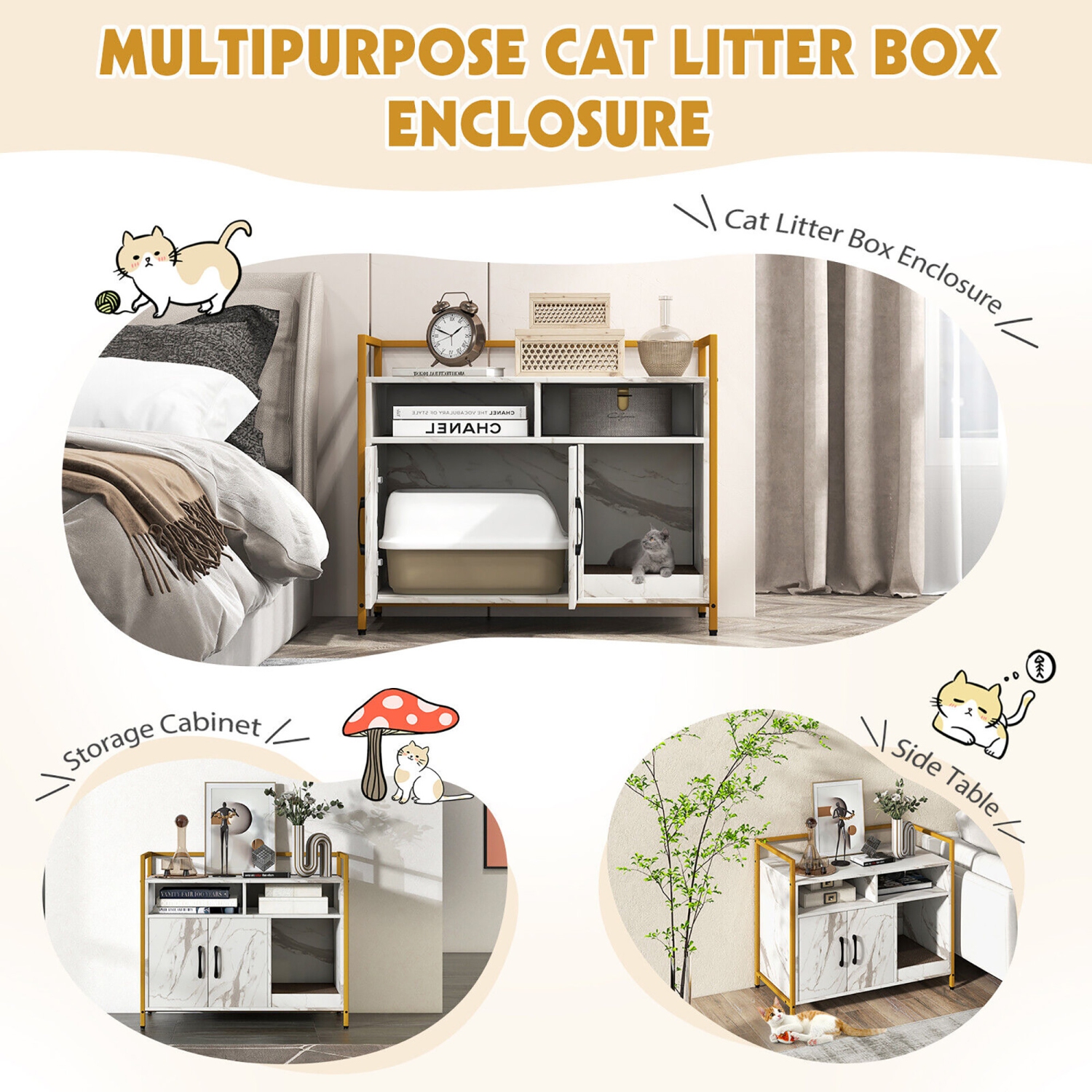 Gymax Large Litter Box Enclosure Cat Wooden Storage Cabinet with 2 Doors Marble White