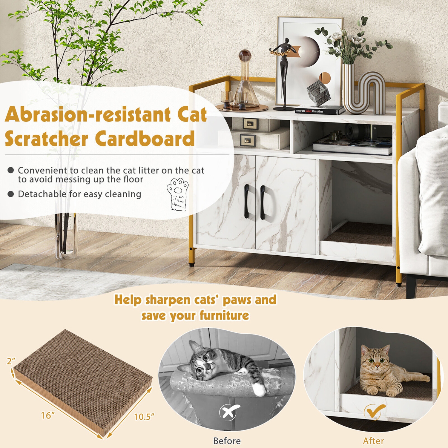 Gymax Large Litter Box Enclosure Cat Wooden Storage Cabinet with 2 Doors Marble White