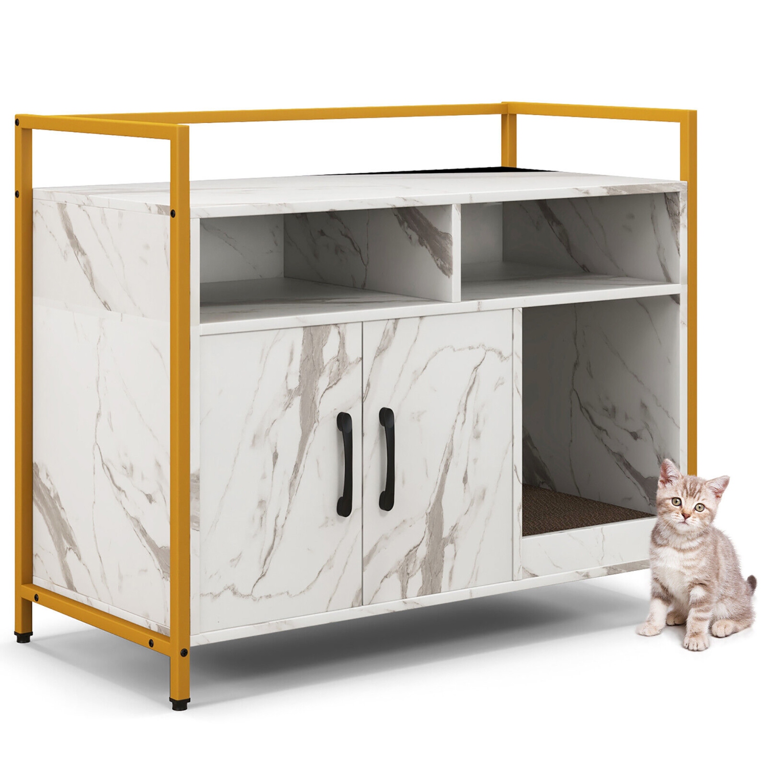 Gymax Large Litter Box Enclosure Cat Wooden Storage Cabinet with 2 Doors Marble White