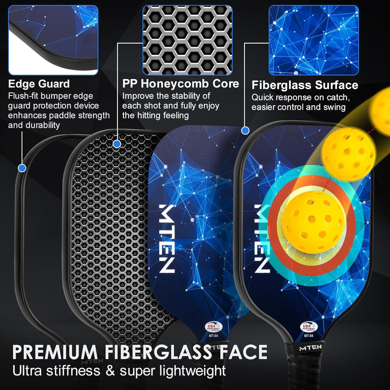 USAPA Approved Fiberglass Pickleball Paddle Set – Lightweight, Durable Rackets for Men & Women – Complete Pickleball Set for Indoor & Outdoor Play