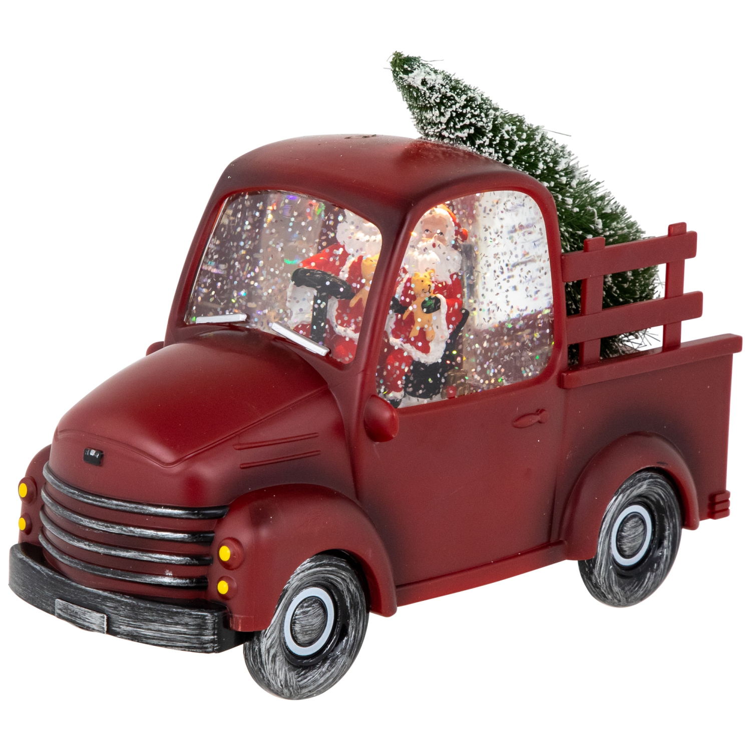 LED Lighted Santa in Red Retro Truck with Christmas Tree Snow Globe - 9"
