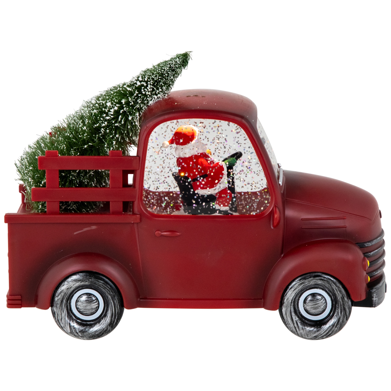 LED Lighted Santa in Red Retro Truck with Christmas Tree Snow Globe - 9"