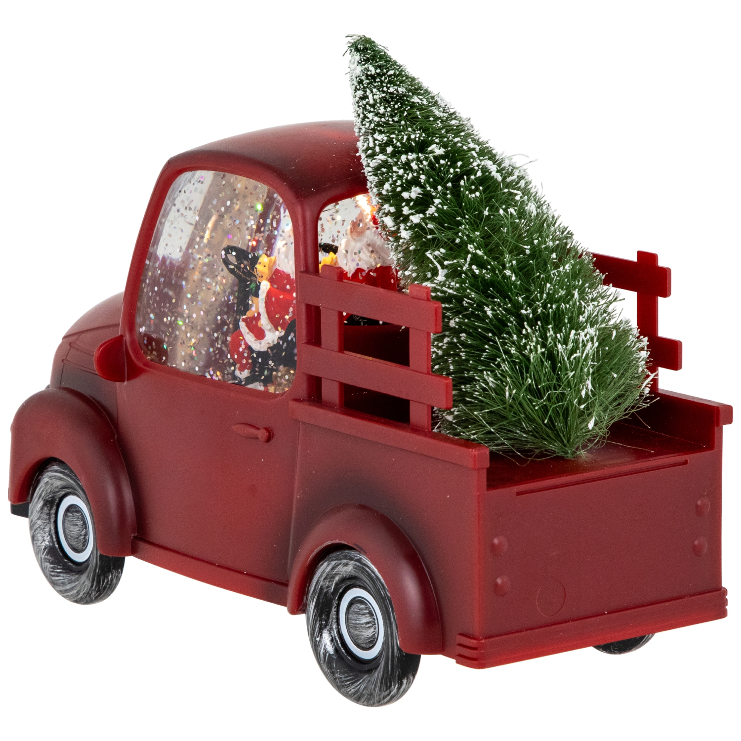 LED Lighted Santa in Red Retro Truck with Christmas Tree Snow Globe - 9"