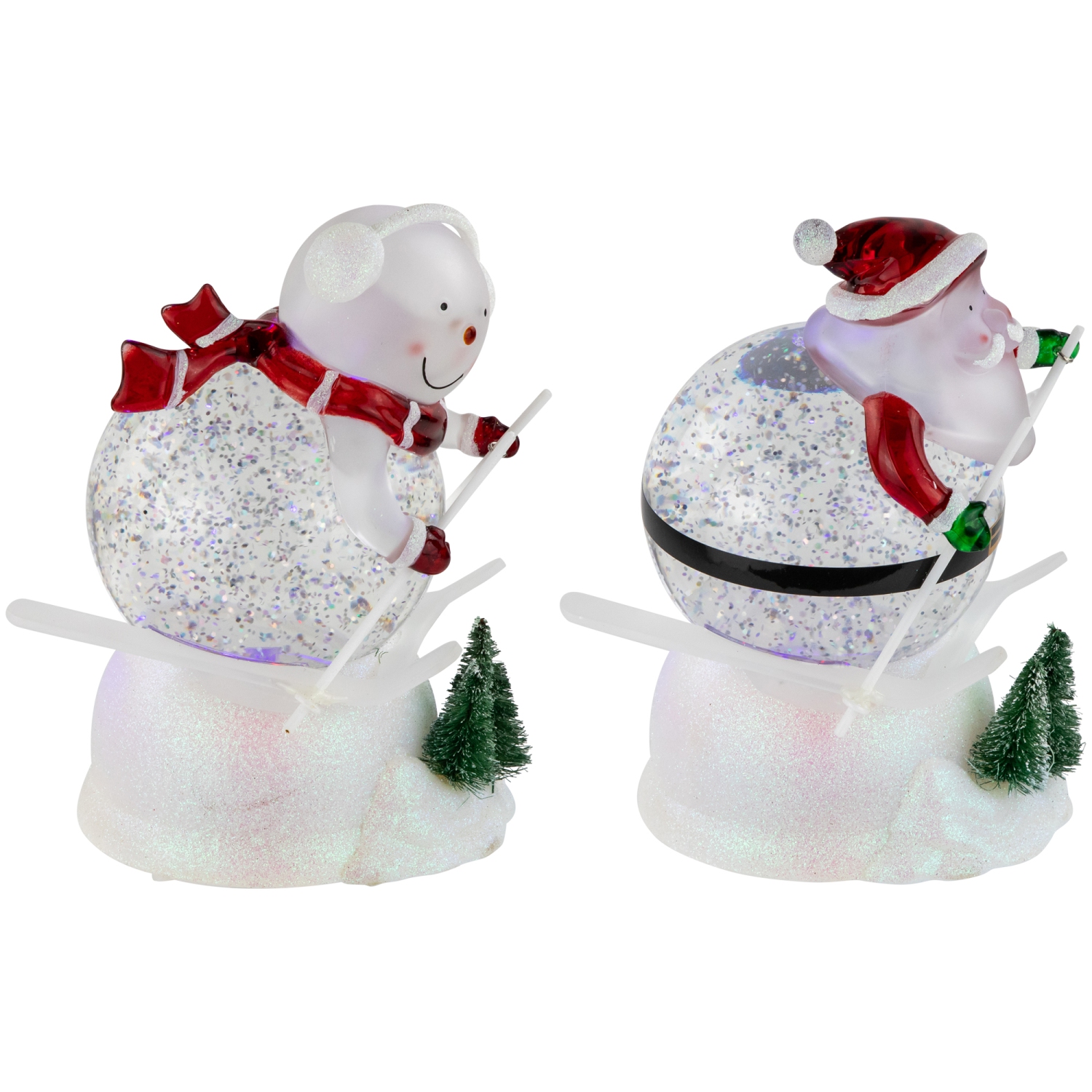 LED Lighted Color Changing Skiing Santa and Snowman Acrylic Christmas Snow Globes - 7.25" - Set of 2