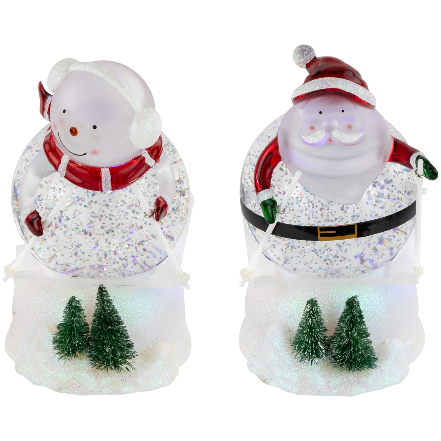 LED Lighted Color Changing Skiing Santa and Snowman Acrylic Christmas Snow Globes - 7.25" - Set of 2