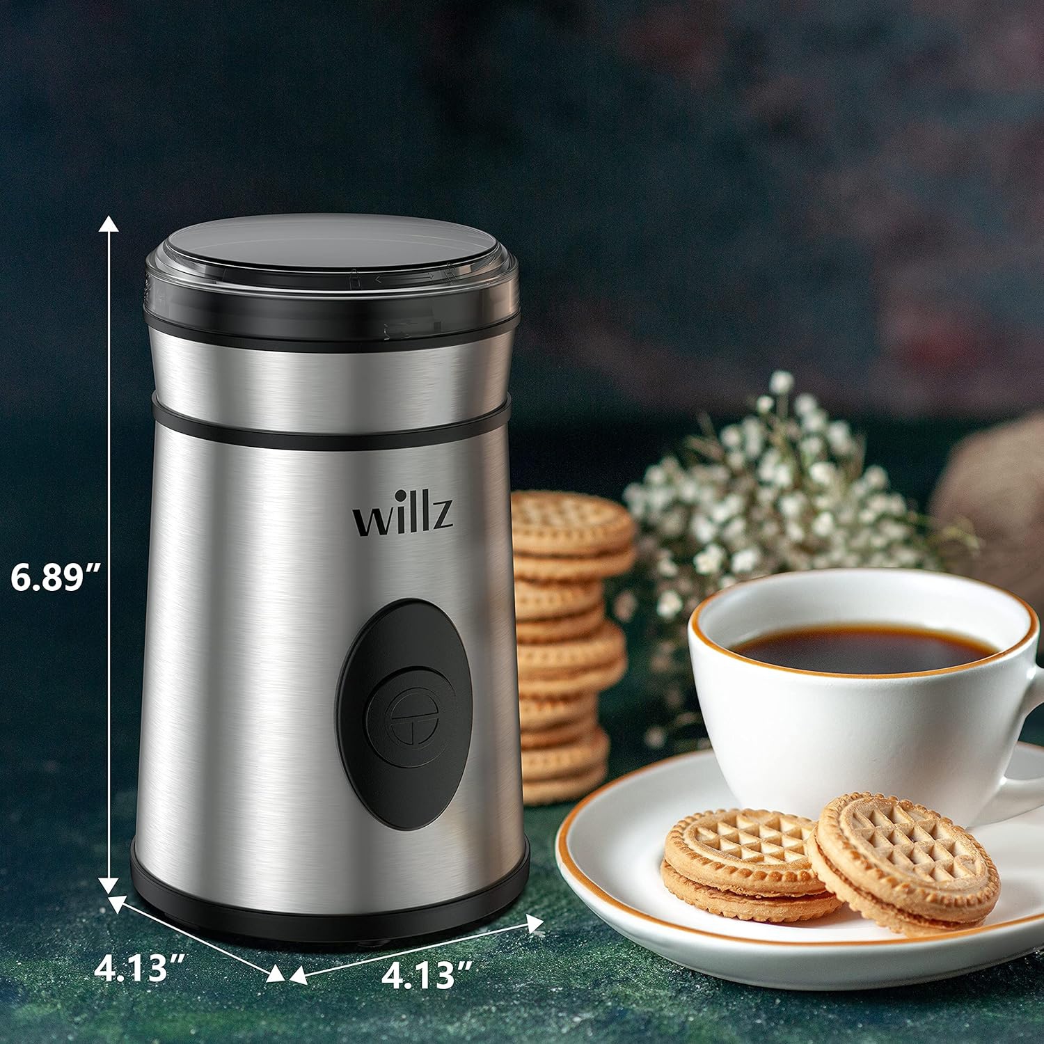 Willz Electric Coffee Grinder for Coffee Beans, Spices, & Herbs with Easy On/Off Button Control, 50g Grinding Capacity, Makes up to 6 cups, 200W,